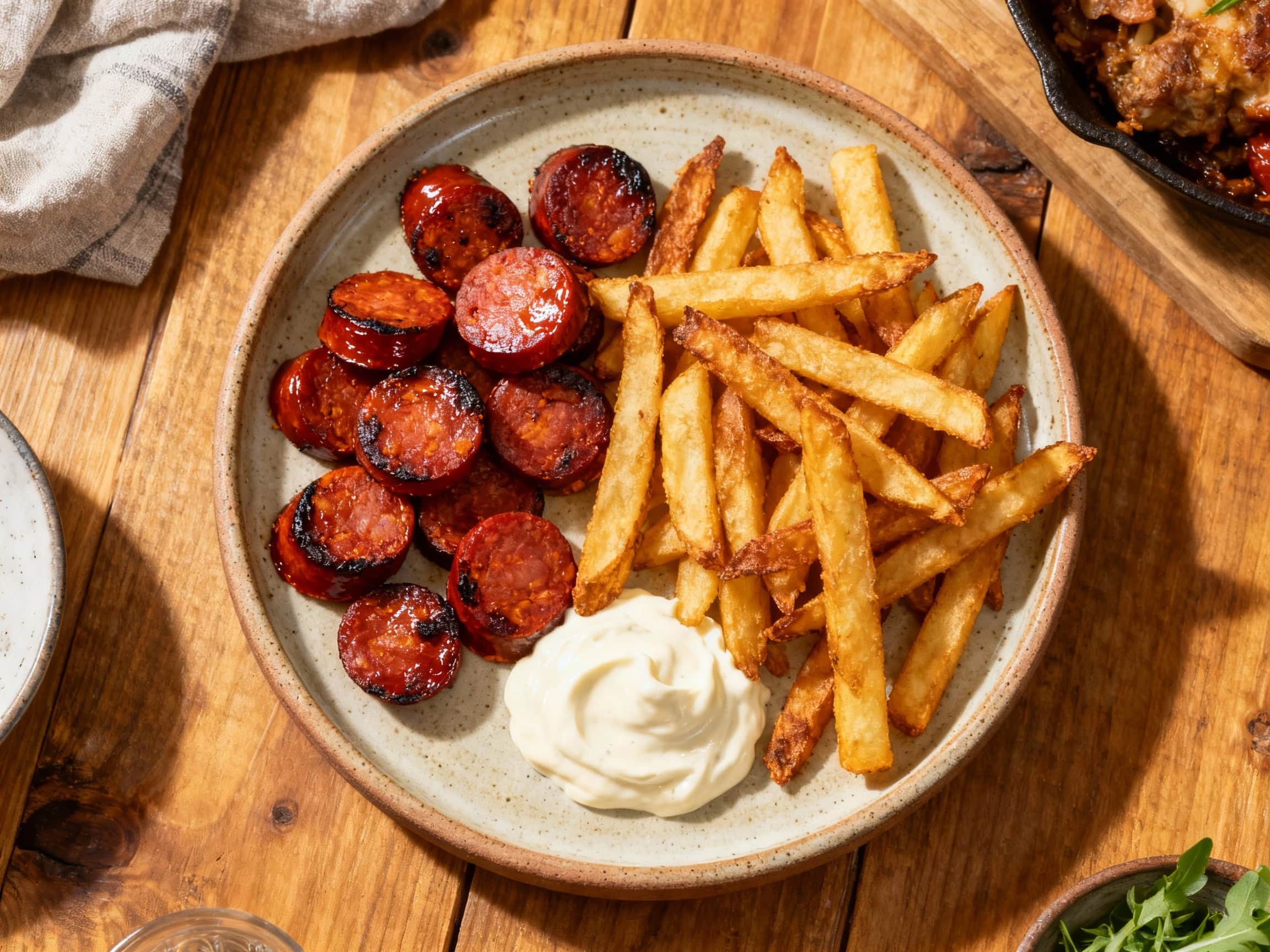 Golden, crispy french fries are generously topped with crumbled spicy chorizo sausage and a dollop of creamy aioli, served in a rustic basket.