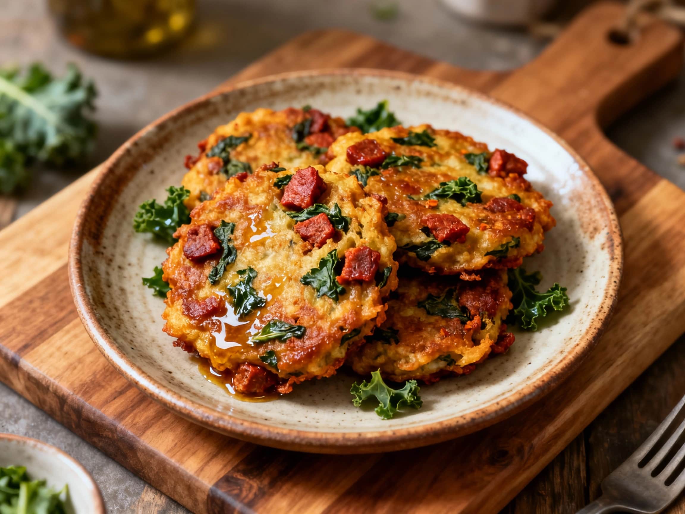 A close-up view of a pile of golden-brown, crispy spicy chorizo and kale fritters, garnished with fresh green parsley, artfully arranged on a dark wooden cutting board. In the background, a small white bowl of sour cream and a few bright lime wedges are visible, offering a refreshing pairing to the savoury fried snacks. The fritters have a visibly crunchy exterior, indicating they've been perfectl
