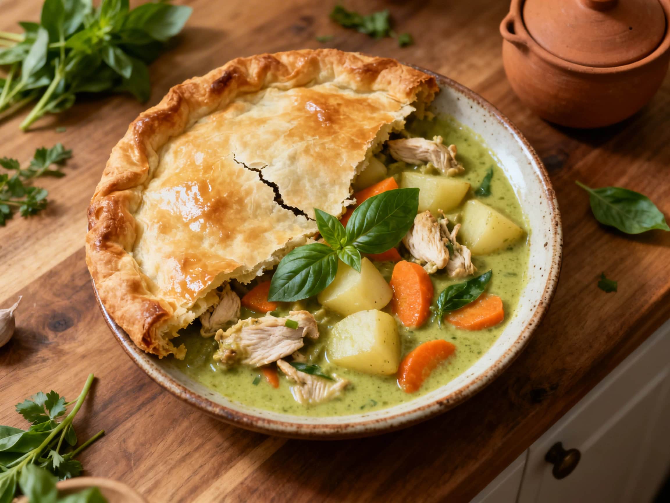 A golden-brown Thai Green Curry Chicken Pot Pie, sliced open on a rustic wooden cutting board, showing its vibrant green filling of chicken, bell peppers, and bamboo shoots. The flaky crust and creamy curry are prominent, suggesting a comforting yet exotic meal. The background is softly blurred to keep focus on the delicious pie.