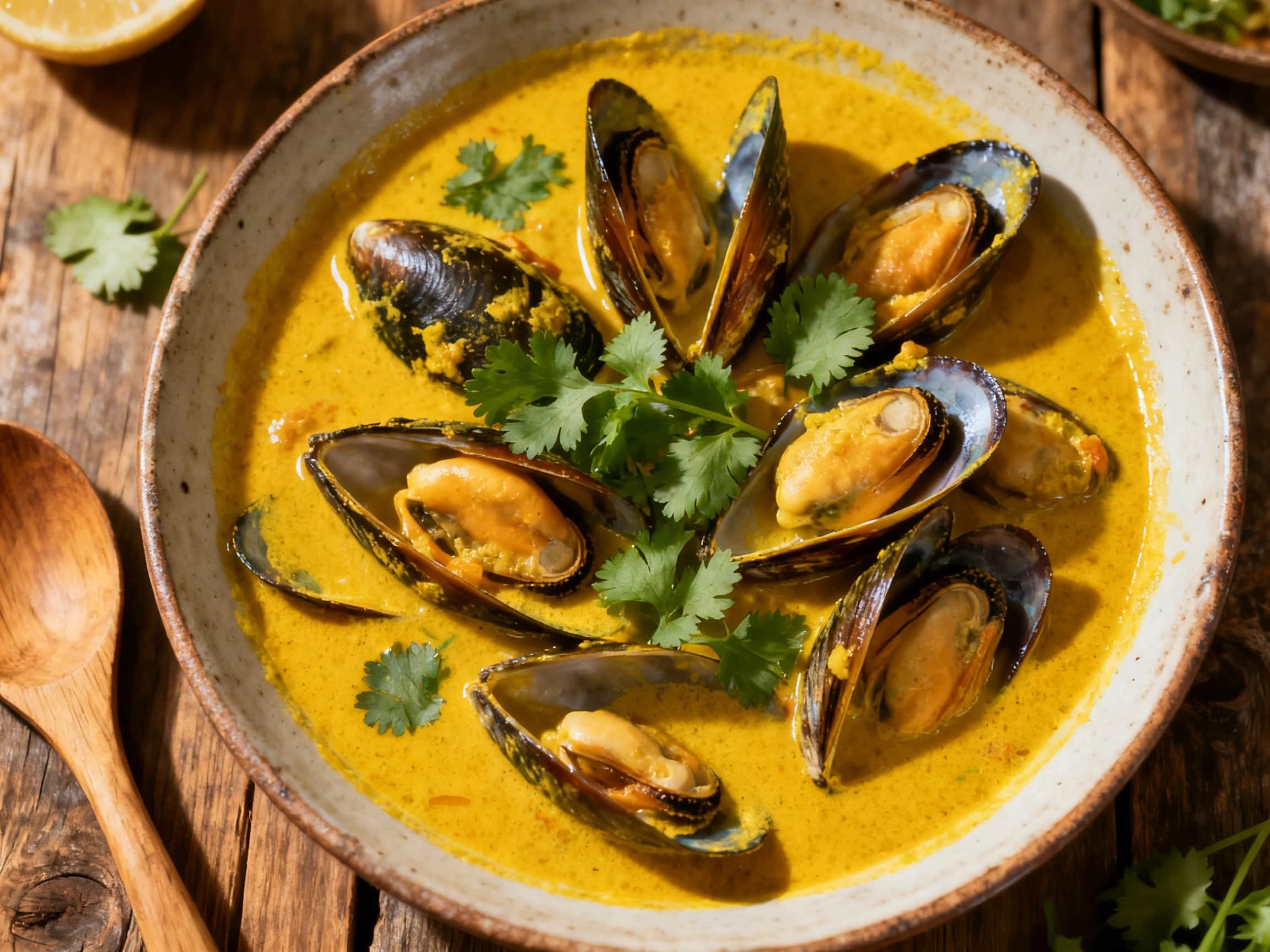 A close-up of a rustic ceramic bowl filled with Turmeric Curried Mussels Stew. Plump, cooked mussels with their shells are visible, bathed in a rich, vibrant golden-yellow turmeric and coconut milk broth. The stew is garnished with fresh green cilantro and bright lime wedges. The lighting is soft and natural, highlighting the textures and colors of this inviting seafood soup.