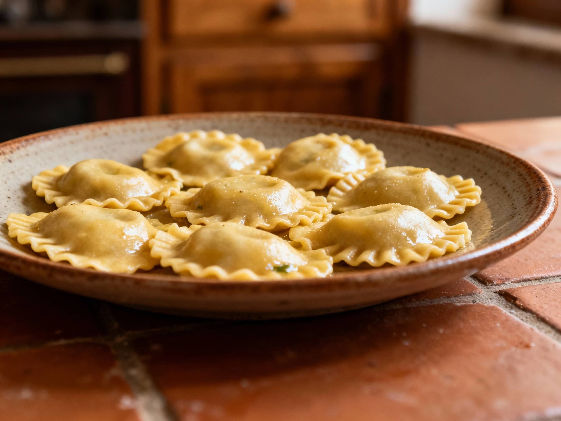 A close-up, slightly elevated shot of a handful of freshly cooked Agnolotti del Plin in a serving plate. The delicate pinch marks are clearly visible along their edges. The lighting is soft and diffused, highlighting the texture of the pasta and the rustic feel of the preparation. The background is simple and out of focus, suggesting a traditional Italian kitchen environment.