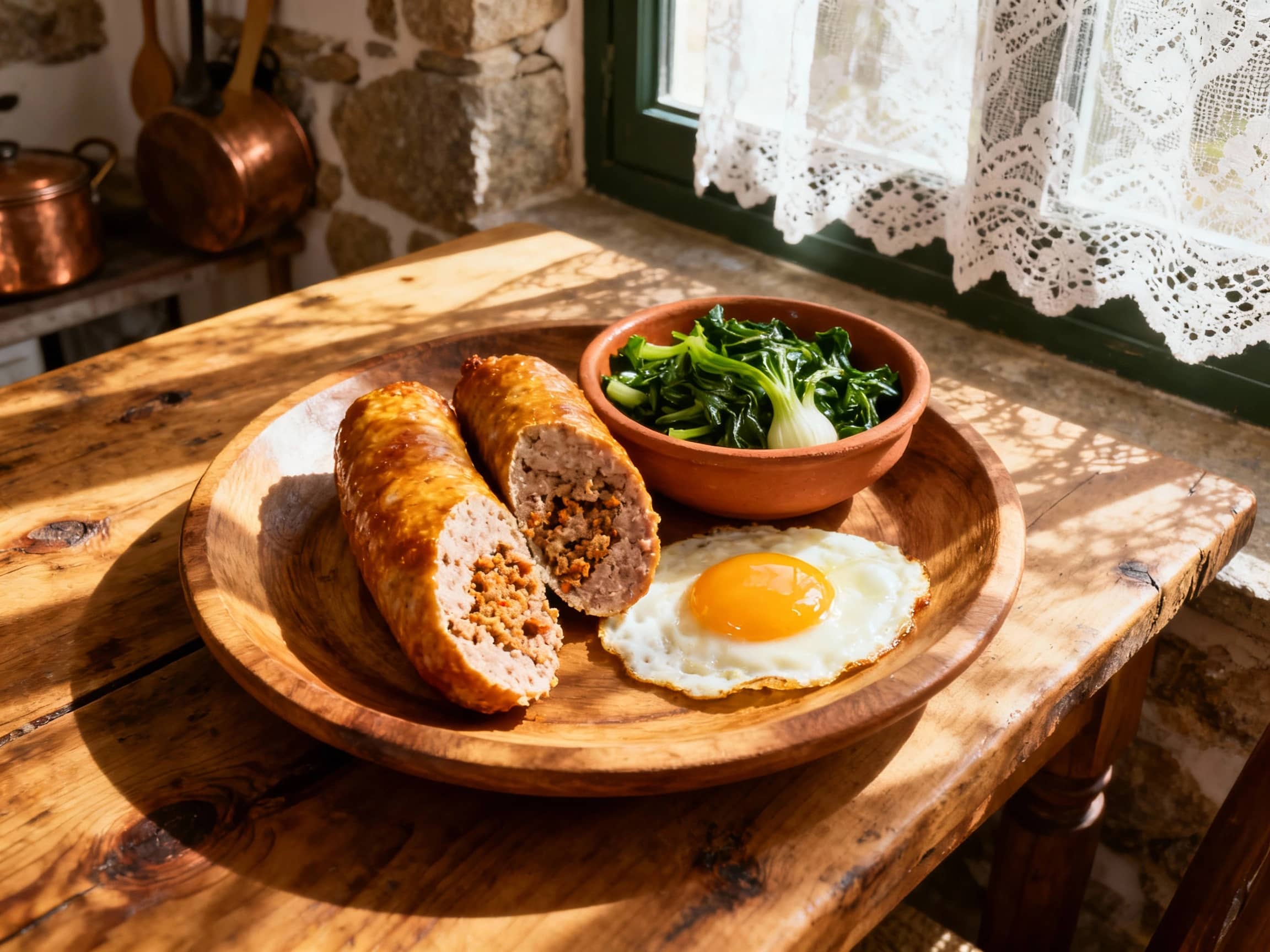 A rustic wooden platter featuring two golden-brown, fried Alheira de Mirandela sausages, cut to reveal their textured interior. Beside them, a perfectly fried egg with a runny yolk, and a serving of garlicky turnip greens. The scene is set in a traditional Portuguese quinta or country kitchen, with warm, inviting light streaming from a nearby window. Natural textures of wood and ceramic are prominent. A slightly elevated, angled shot, capturing the hearty and authentic presentation.