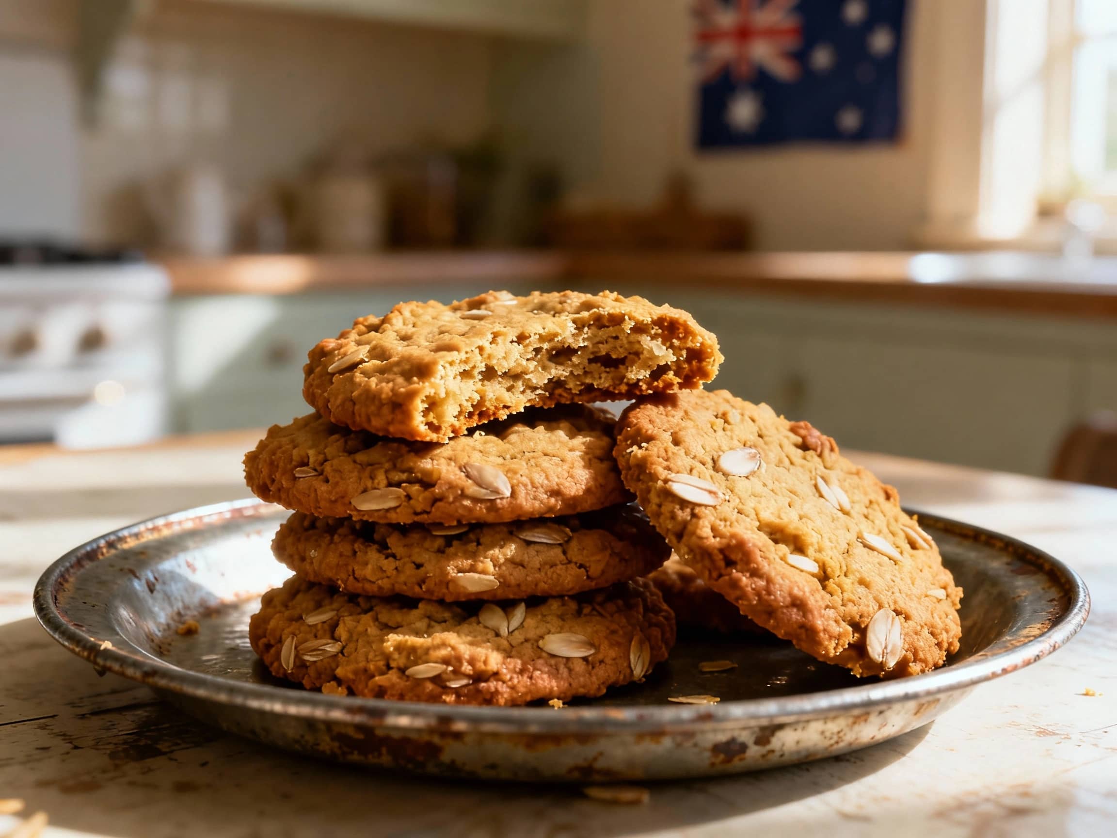 A close-up view of several Anzac biscuits stacked on a vintage, slightly worn tin plate. The biscuits are golden brown with a slightly rough texture, showcasing visible oats. One biscuit is broken to reveal a chewy center. The background is a soft, out-of-focus image of a traditional Australian kitchen counter, bathed in soft, natural morning light, evoking a sense of nostalgia and heritage. A small, faded Australian flag might be subtly placed in the background.
