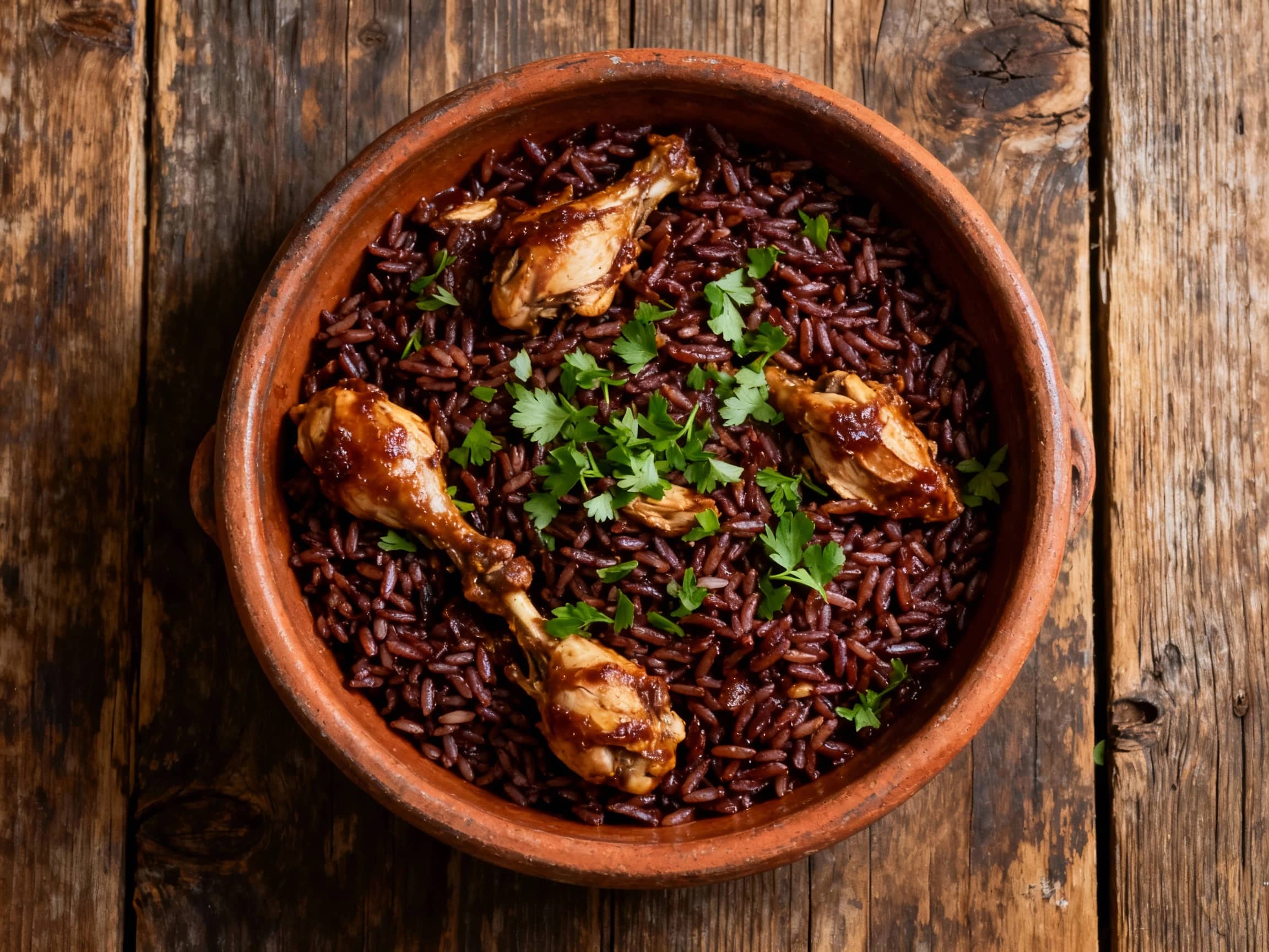 A hearty portion of Arroz de Cabidela served in a rustic, earthenware bowl. The rice is a deep, rich color, coated in the savory sauce, with tender pieces of chicken visible interspersed throughout. A garnish of fresh, finely chopped parsley or cilantro is sprinkled on top. The scene is set on a weathered wooden table, perhaps in a traditional Portuguese casa. Soft, ambient light illuminates the dish, emphasizing its hearty texture and deep color. Top-down view.