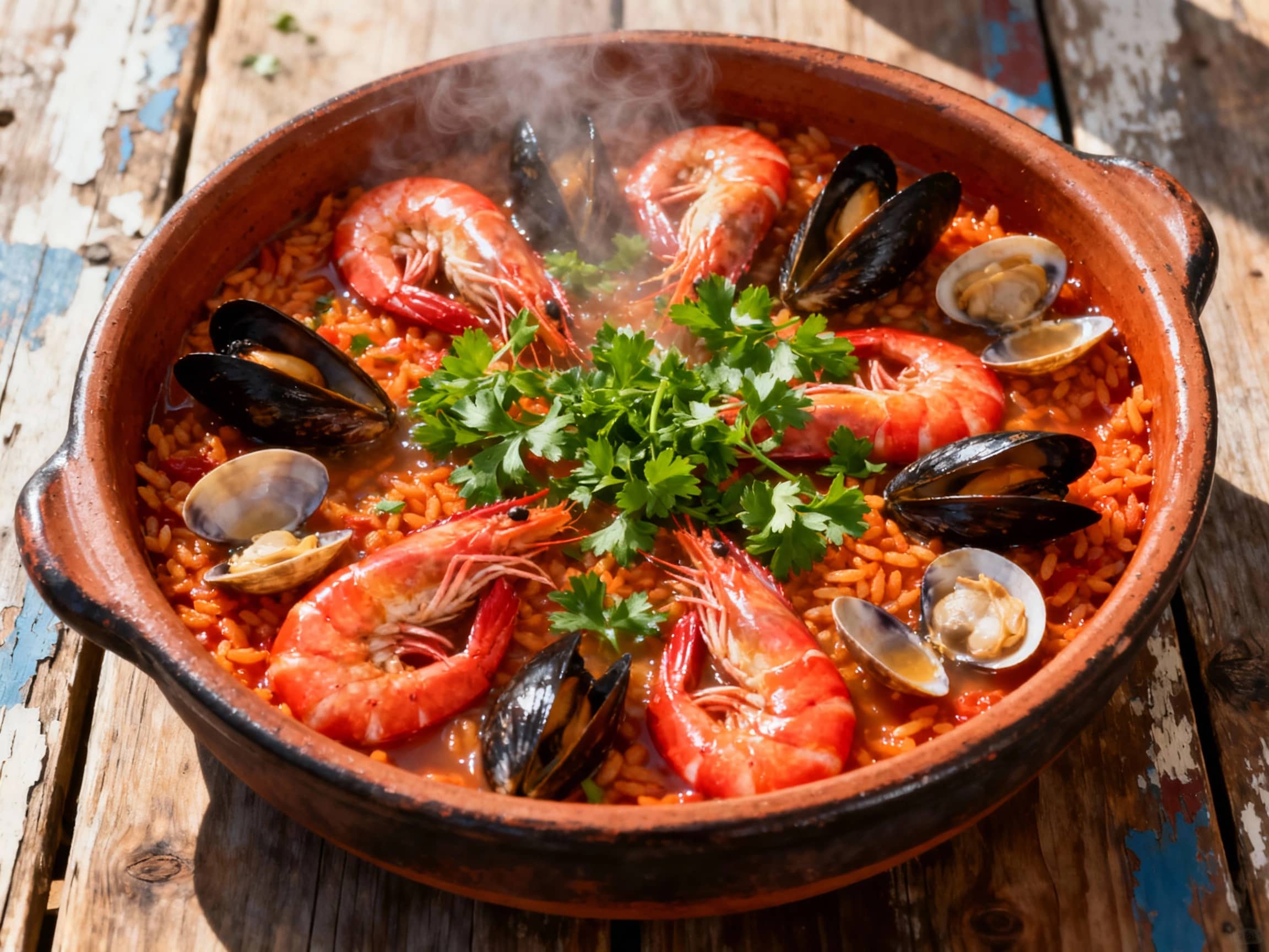 A vibrant, overhead shot of Arroz de Marisco served family-style in a traditional clay pot. The rich, reddish-orange rice is generously studded with an assortment of colorful seafood – bright pink prawns, dark-shelled mussels, and plump clams – all glistening with broth. Fresh green parsley is sprinkled liberally over the top. The pot sits on a rustic, weathered wooden table, set against a backdrop reminiscent of a Portuguese seaside tavern. Sunlight catches the steam rising from the dish, creating an atmosphere of warmth and abundance.
