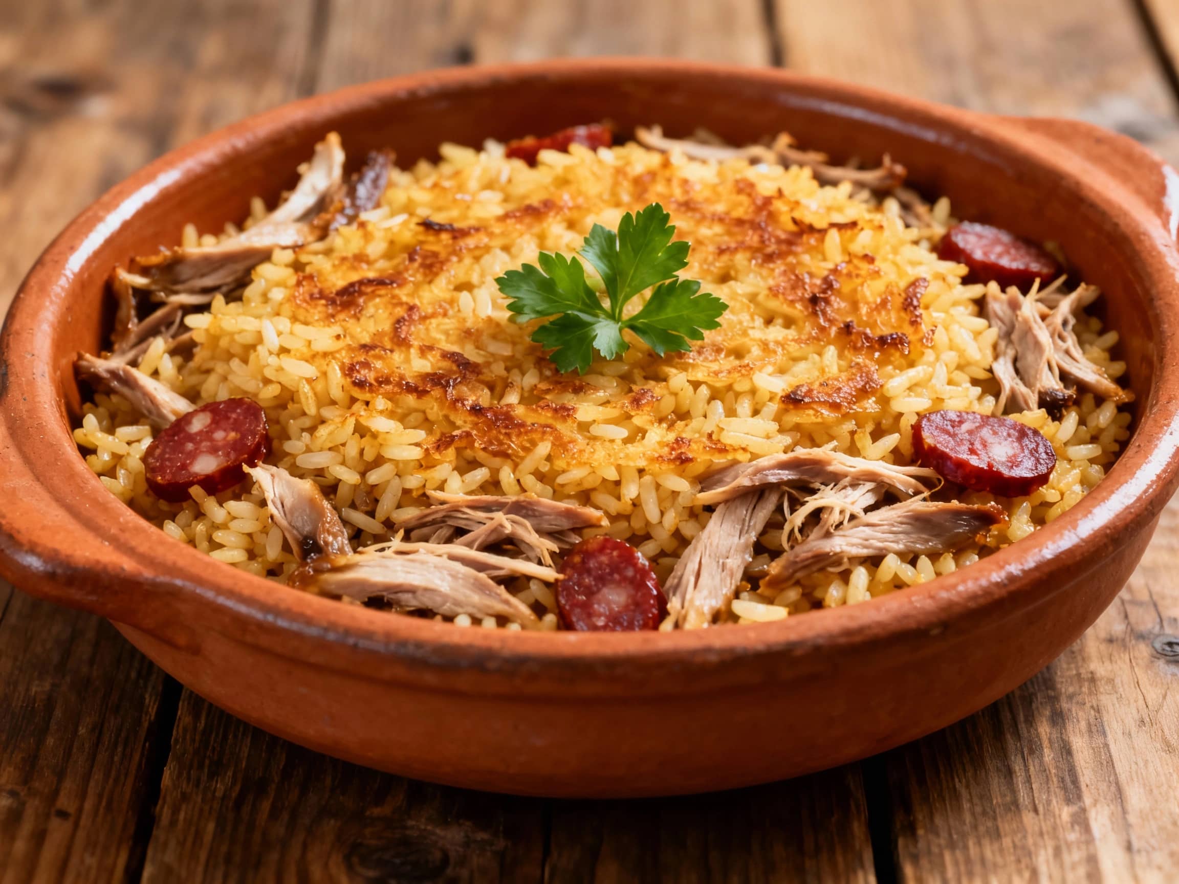 A close-up shot of Arroz de Pato served in a traditional terracotta baking dish, the golden-brown rice topping lightly crisped. Shredded duck meat and pieces of chouriço are visible within the rice. A sprig of fresh parsley garnishes the top. The lighting is warm and soft, highlighting the textures. Shot from a slightly elevated angle, set against a rustic wooden table.
