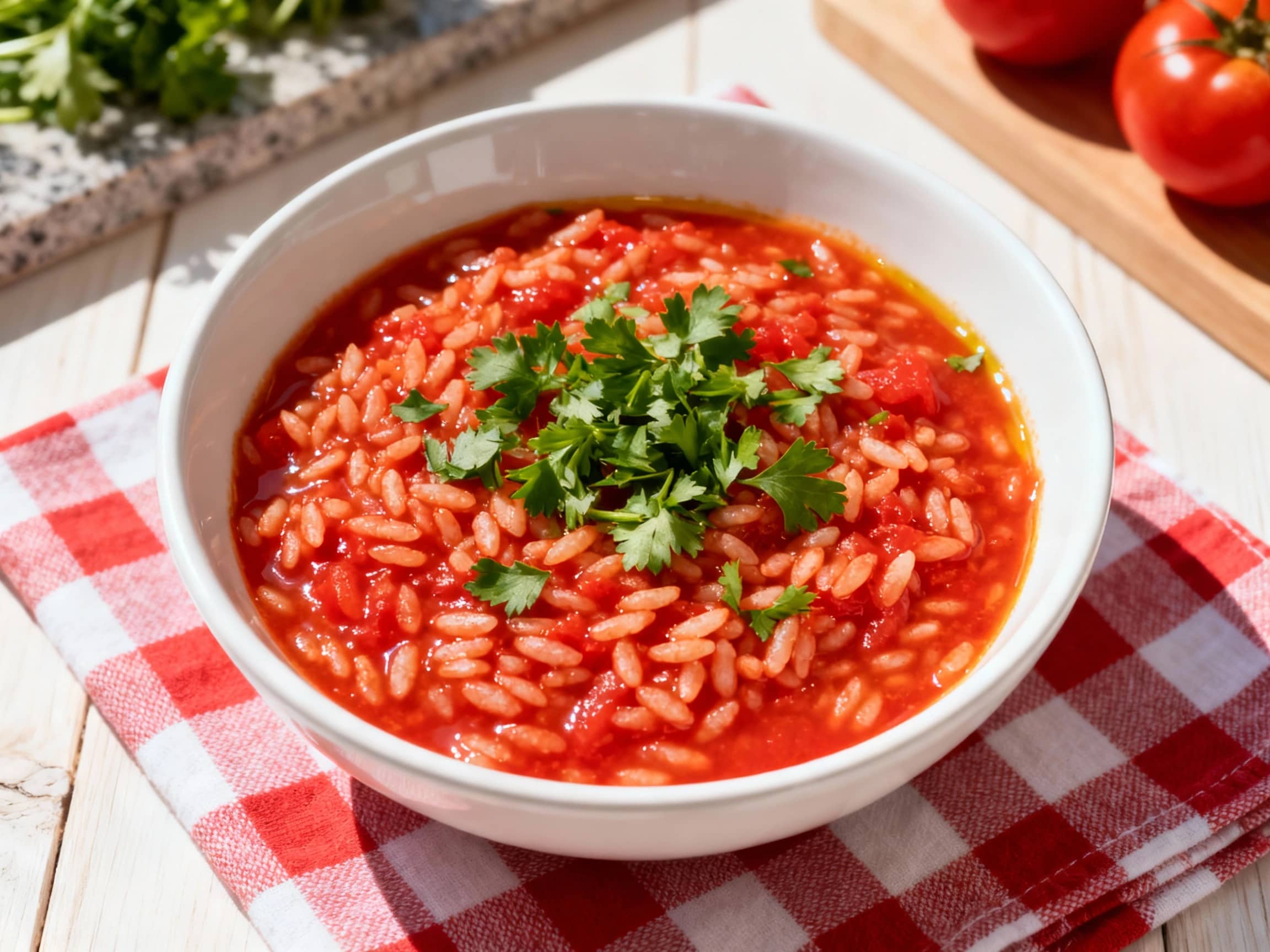A vibrant bowl of 'Arroz de Tomate' with a rich red hue, glistening slightly from olive oil. The rice grains are plump and well-absorbed with the tomato sauce. Freshly chopped parsley is sprinkled liberally on top for color and freshness. The dish is served in a simple white ceramic bowl, placed on a checkered Portuguese cloth or a light-colored wooden surface. In the background, one might see a hint of a kitchen counter with fresh tomatoes or herbs. The lighting is bright and natural, suggesting a sunny Portuguese midday meal, highlighting the dish's appealing texture and color. A subtle overhead shot.
