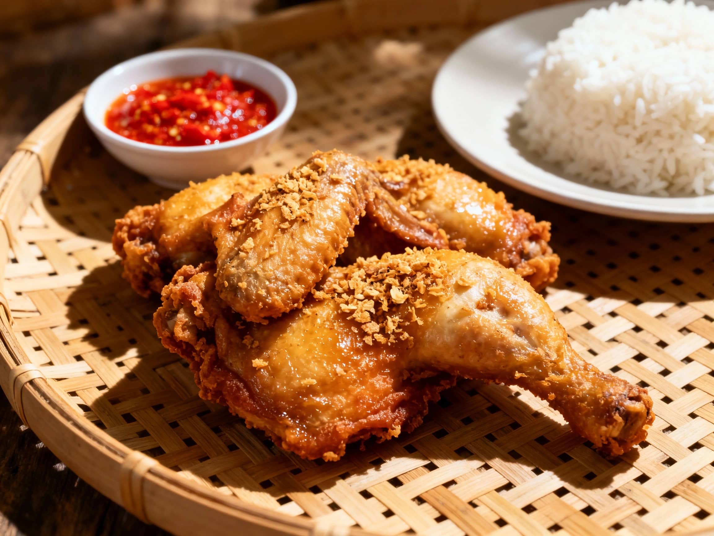 A close-up shot of Ayam Goreng, showcasing several pieces of Indonesian fried chicken, golden brown and lightly seasoned, resting on a woven bamboo mat. A small bowl of vibrant red sambal and a plate of fluffy white rice are visible beside it. The chicken pieces exhibit textured crumbs and a slightly glistening surface from the frying oil. Natural light falls from the side, creating gentle shadows and highlighting the crispness of the chicken skin. The background is softly out of focus, suggesting a warm, rustic Indonesian dining setting.
