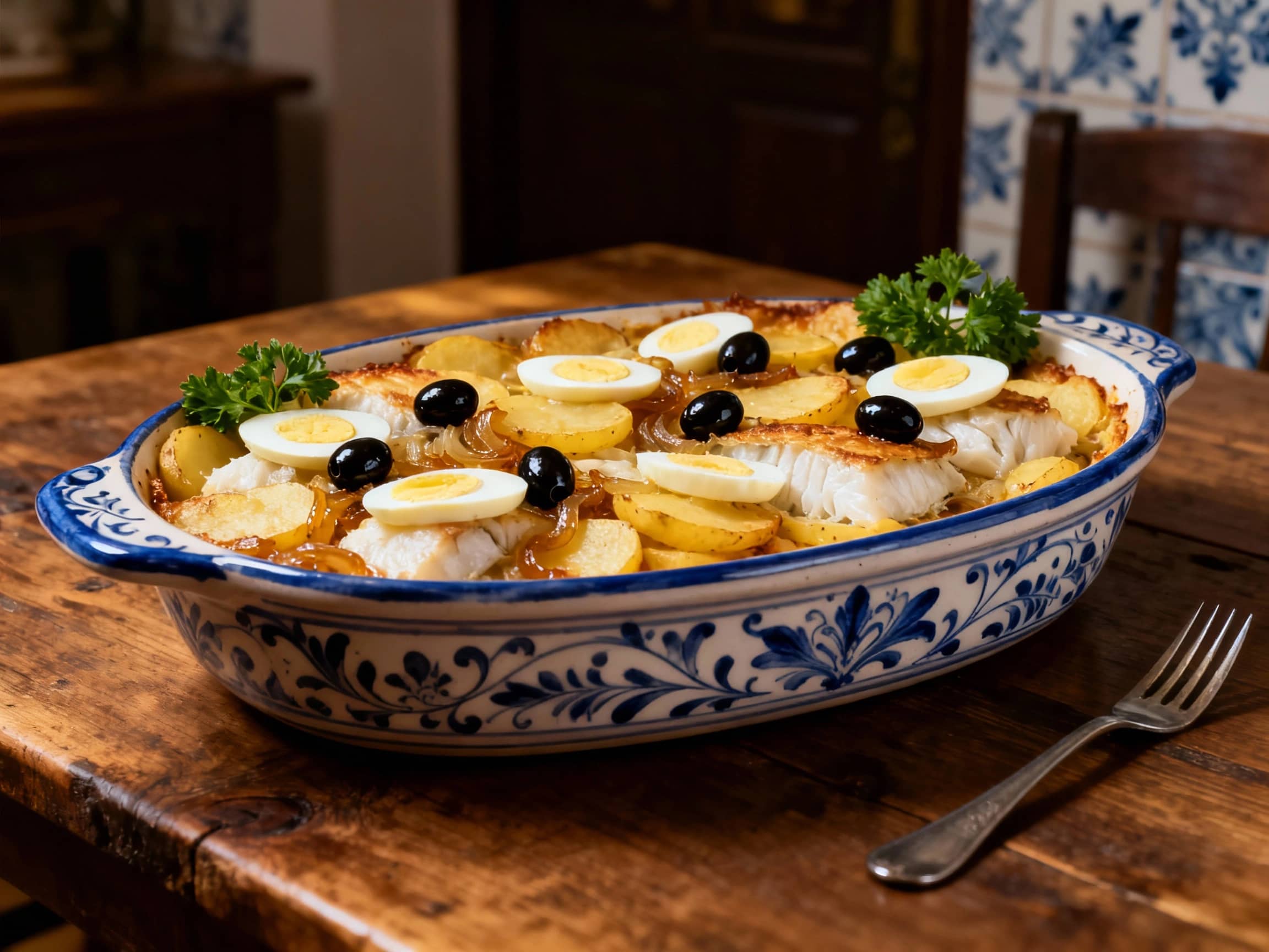 A beautifully presented platter of Bacalhau à Gomes de Sá, fresh from the oven. Flaky white cod, golden potato slices, and caramelized onions are visible, generously topped with slices of hard-boiled egg and glossy black olives. The dish is served in a traditional Portuguese ceramic casserole dish, perhaps with ornate blue and white patterns. It sits on a rustic wooden table in a warm, dimly lit dining room, possibly with hints of azulejo tiles visible in the background. A small bunch of fresh parsley or cilantro might garnish the edges. The overhead lighting is soft, emphasizing the textures and rich colors of the dish. A fork is resting beside the dish, indicating it's ready to be served. Eye-level shot.