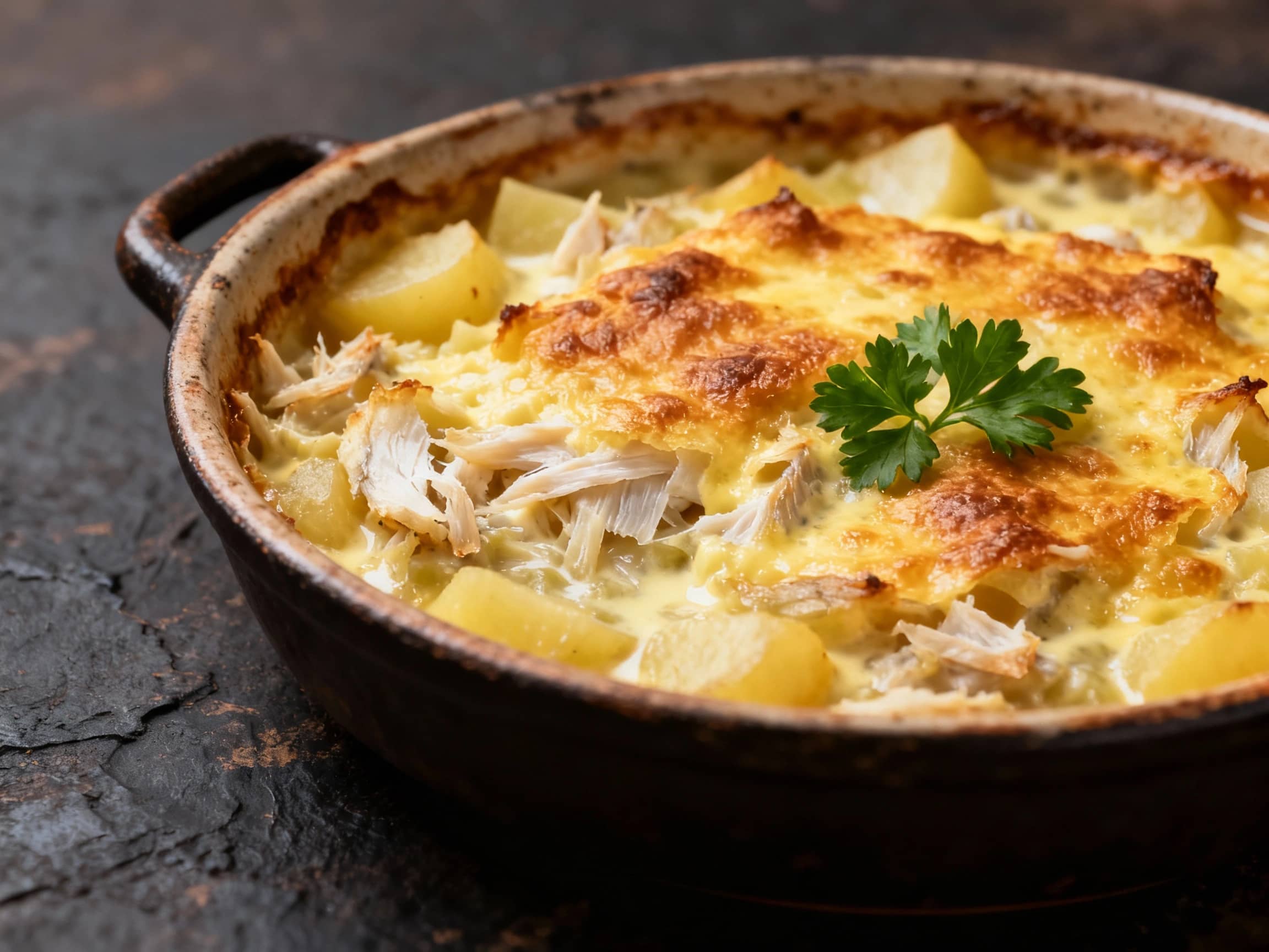 A close-up of Bacalhau com Natas served in a rustic casserole dish, bubbling and golden brown from the oven. Flakes of codfish and tender potato pieces are visible beneath a creamy sauce, topped with a slight crust. A sprig of fresh parsley adds a touch of green. The lighting is warm and inviting, highlighting the textures, shot from a slightly elevated angle on a dark, textured surface.
