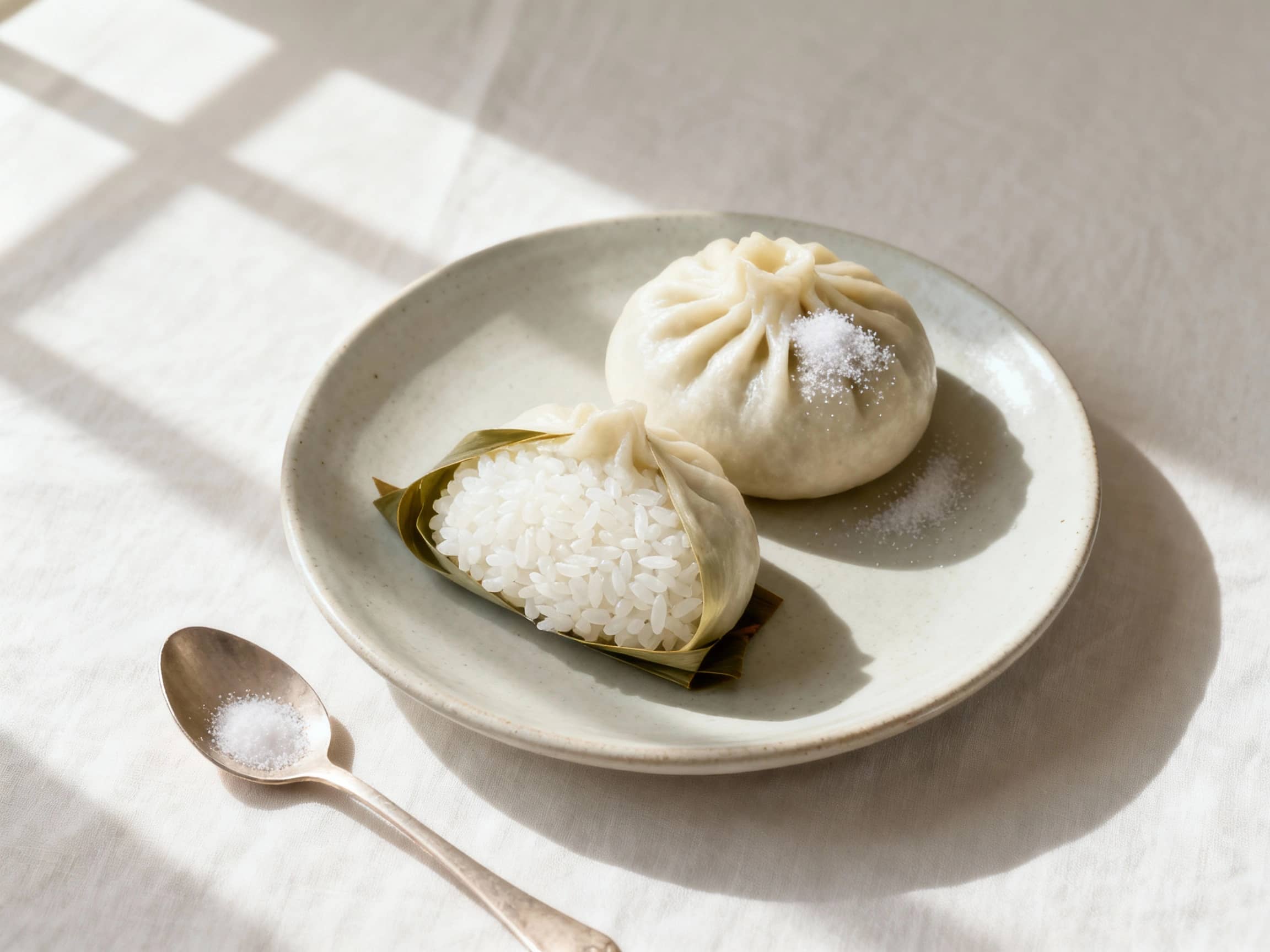 A rustic, overhead shot of two Bai Zao dumplings arranged artfully on a smooth, pale ceramic plate. One dumpling is partially unwrapped, showcasing the perfectly packed white glutinous rice within. A small, delicate spoon rests beside the plate, ready to add a dusting of sugar, which is lightly sprinkled on one of the dumplings. The scene is bathed in soft, natural window light, creating gentle shadows. The background is a simple, clean tablecloth, emphasizing the purity and simplicity of the dish.