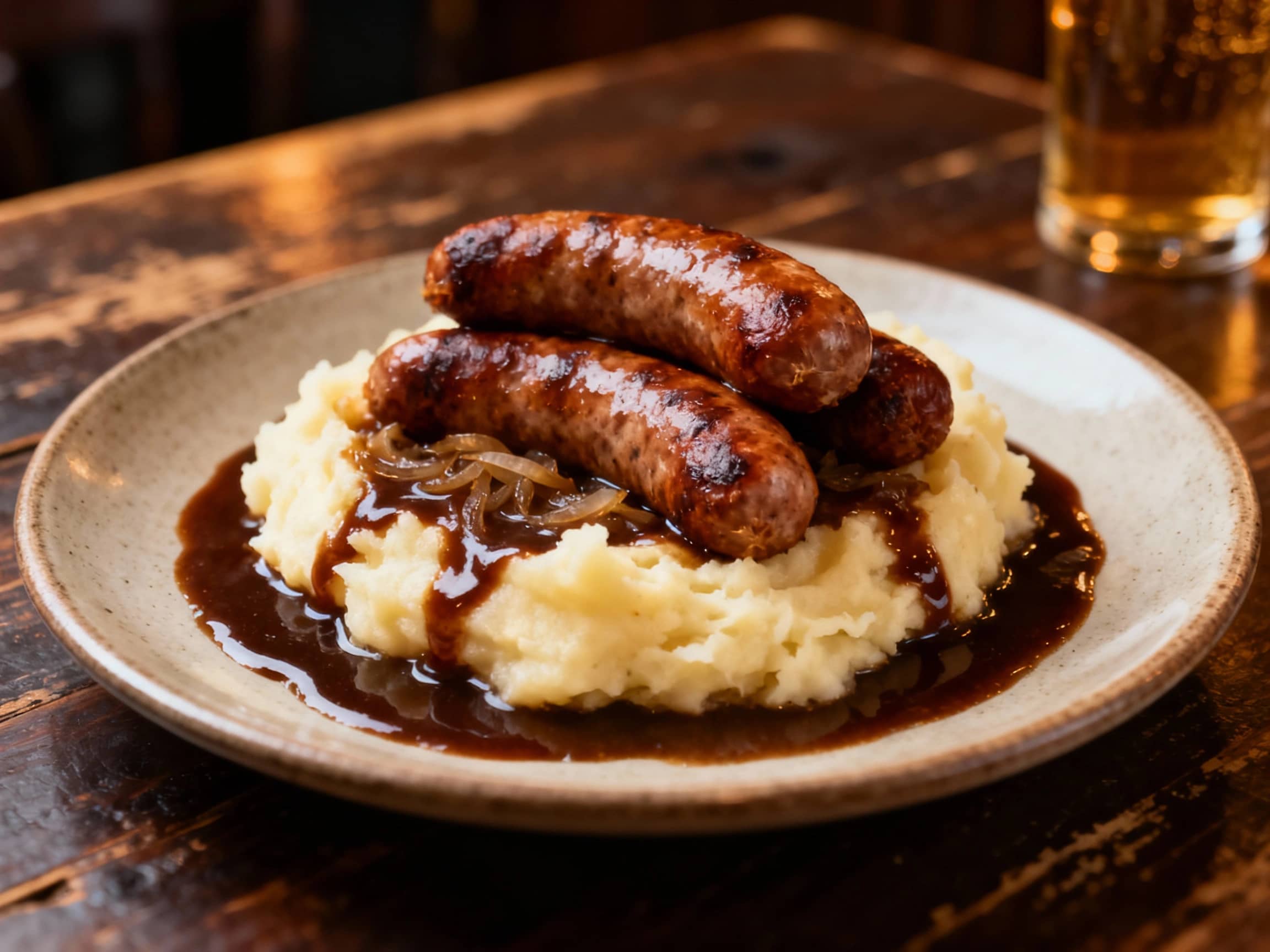 A rustic, eye-level shot of a hearty plate of Bangers and Mash. Three plump, browned sausages sit atop a generous mound of creamy mashed potatoes. A rich pool of dark onion gravy is artfully drizzled over the sausages and potatoes. The plate is a simple, sturdy ceramic. The background is a slightly worn, dark wooden pub table, with a hint of a pint glass blurred in the corner, casting a warm, ambient glow that suggests a cozy evening in a traditional British pub.