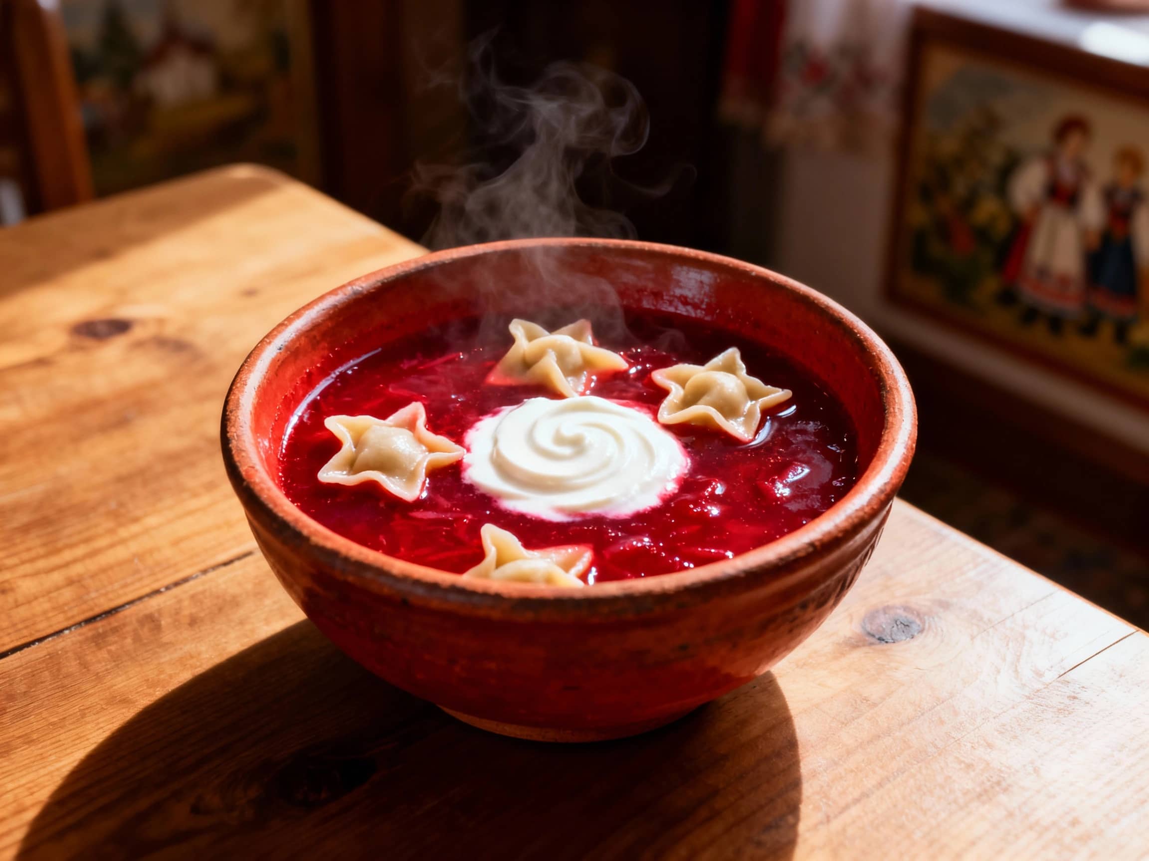A steaming bowl of vibrant red Barszcz Czerwony, its surface glistening. In the center, a swirl of white sour cream adds contrast, alongside a few delicate, star-shaped uszka dumplings. The soup is served in a rustic, thick ceramic bowl, placed on a wooden table. The background is softly blurred, hinting at a cozy, dimly lit dining room with hints of traditional Polish folk art. The shot is high-angle, capturing the rich color and appetizing texture of the soup, with warm, natural light emphasizing its inviting warmth.