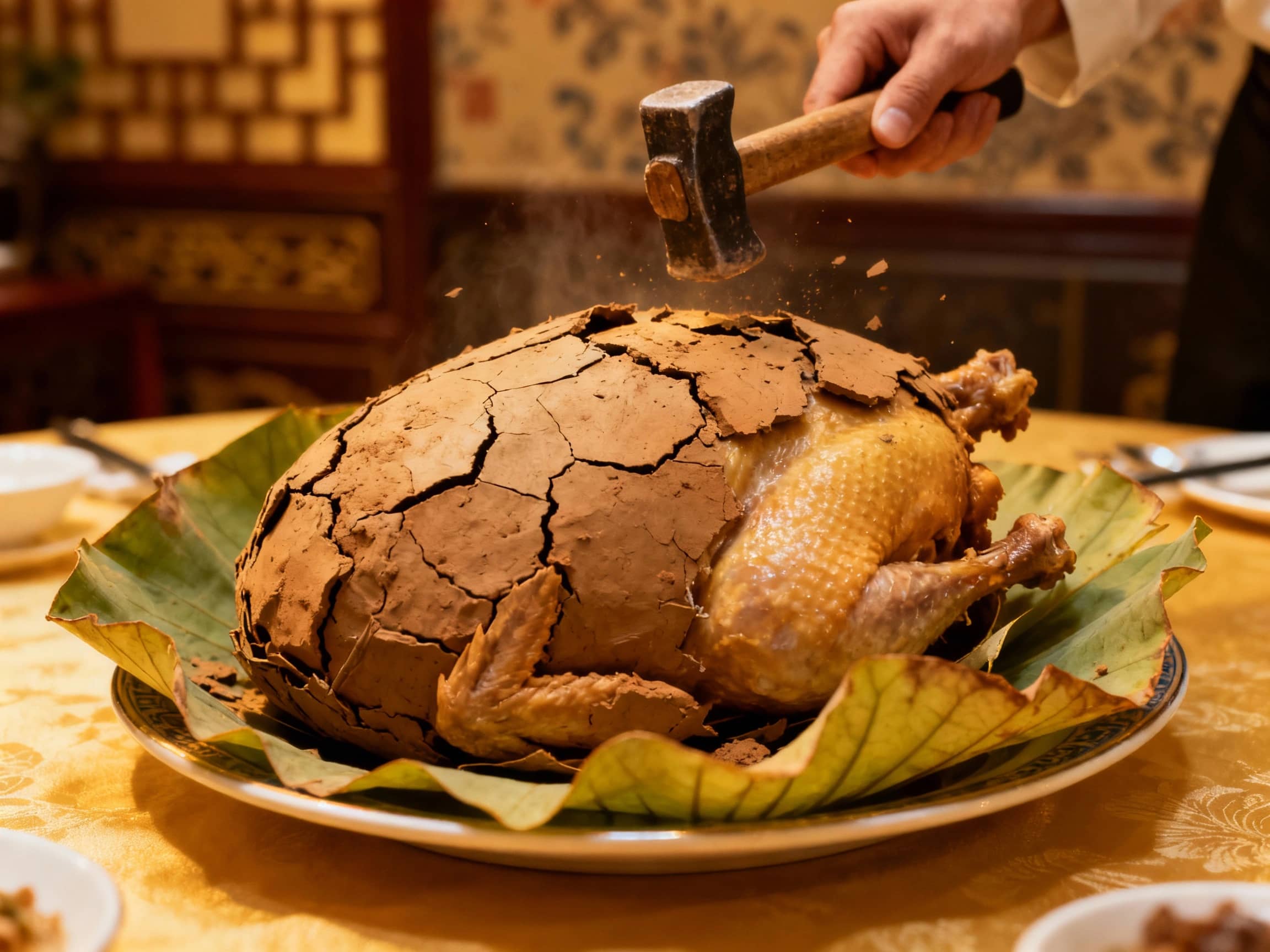 A dramatic, medium shot of a whole Beggar's Chicken presented tableside. The chicken is encased in a cracked, earthy clay crust, with the edges of the lotus leaf peeking out. A server is about to break open the crust with a small hammer or mallet. Soft, warm lighting illuminates the scene, highlighting the texture of the crust and the anticipation in the air. In the background, hints of a traditional Chinese dining room – perhaps patterned wallpaper or wooden accents – are visible but blurred. The atmosphere is one of suspense and culinary celebration.