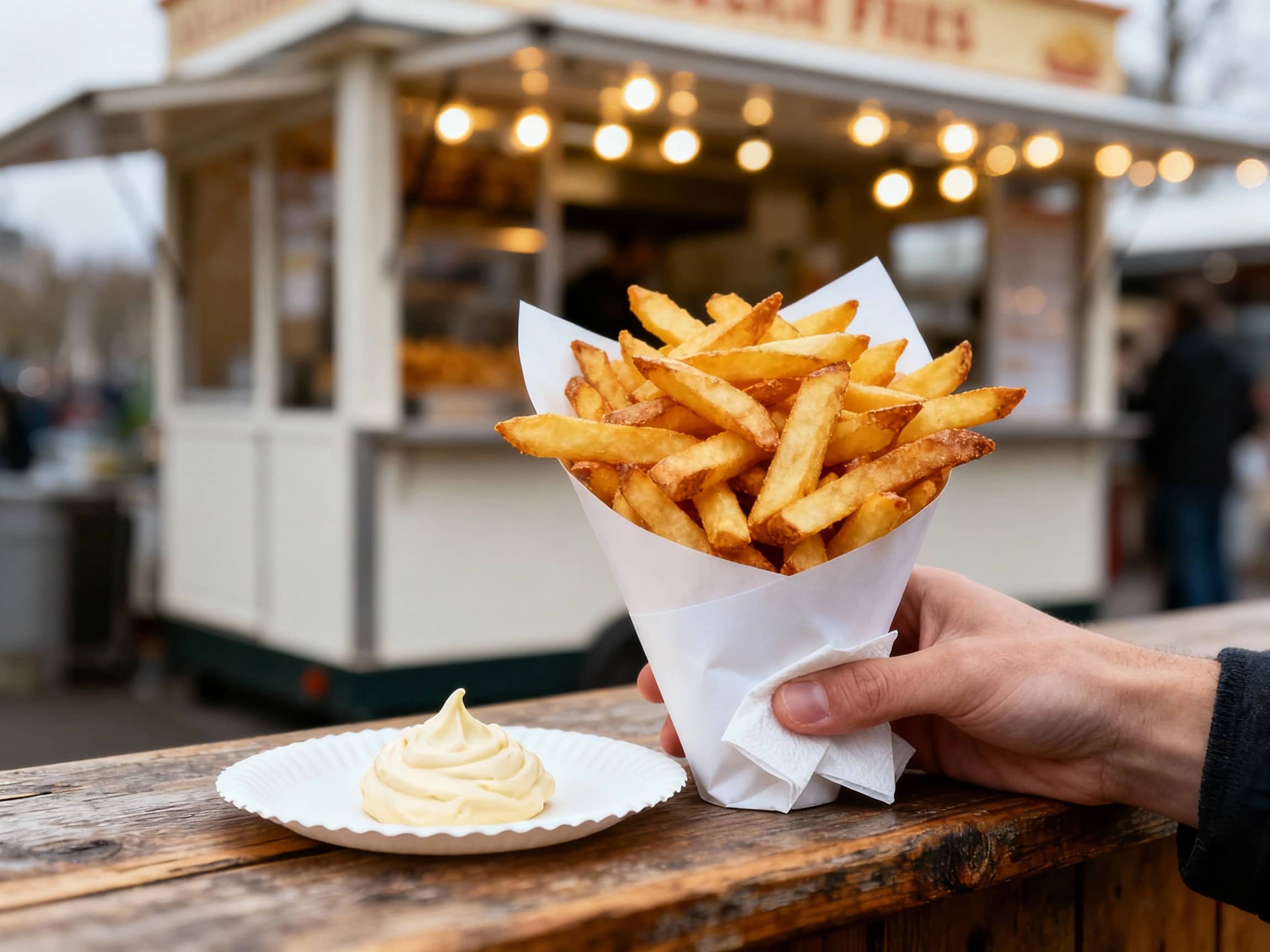 A typical Belgian 'fritkot' scene. Crispy, golden-brown, thick-cut frites are piled generously into a white paper cone, held by a hand wearing a paper napkin. A dollop of creamy mayonnaise sits beside the cone on a paped plate on a rustic wooden counter. In the background, blurred lights and the exterior of a small, characteristic Belgian fry stand can be seen. Macro shot, eye-level, natural daylight, slightly overcast.