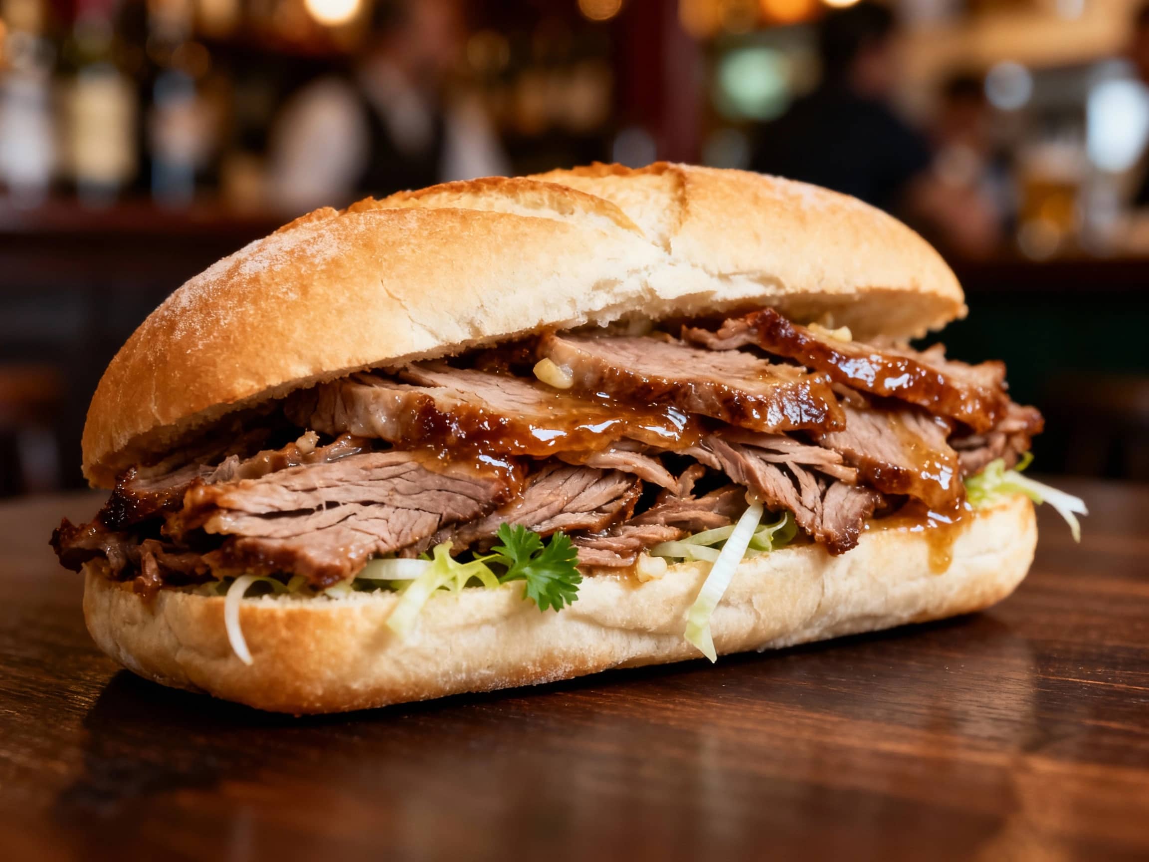 A close-up shot of a Bifanas sandwich, showing the soft, crusty Portuguese roll overflowing with thinly sliced, glistening pork marinated cooked in garlic and white wine sauce. A few strands of crisp lettuce or parsley might be visible. The sandwich rests on a simple, dark wooden surface. The lighting is warm and slightly diffused, emphasizing the appetizing texture of the pork and bread. The background is slightly blurred, hinting at a lively tavern atmosphere. Eye-level view.