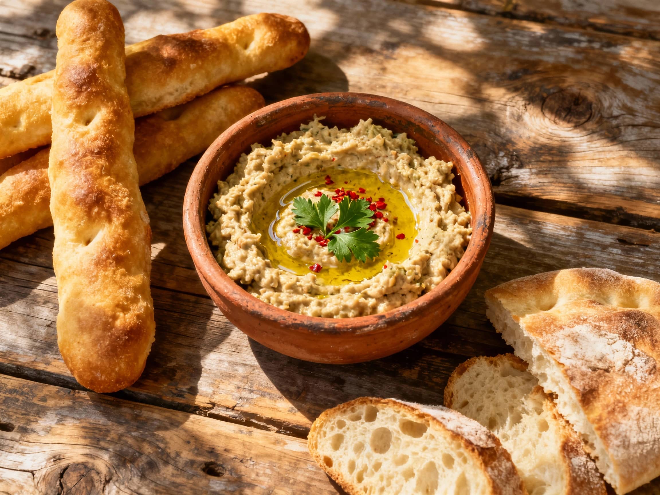 A rustic clay bowl filled with chunky Bigilla dip, garnished with a drizzle of olive oil, fresh parsley leaves, and a sprinkle of red pepper flakes, served with a side of golden-brown Maltese galletti and sliced ftira bread on a weathered wooden table, dappled sunlight, high angle