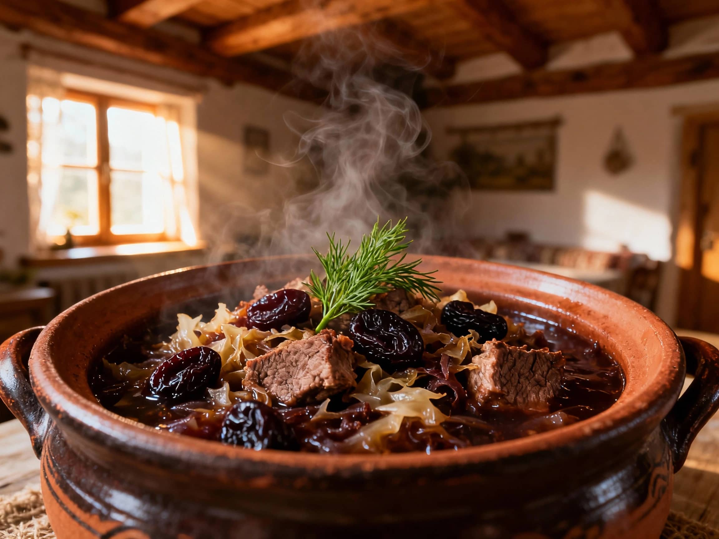 A close-up shot of a steaming bowl of Bigos, a dark, rich stew, served in a traditional earthenware crock. Chunks of meat, cabbage, and prunes are visible. A sprig of dill garnishes the top. The background suggests a rustic, cozy Polish cottage interior with wooden beams. Soft, warm light streams from a nearby window. Eye-level view.