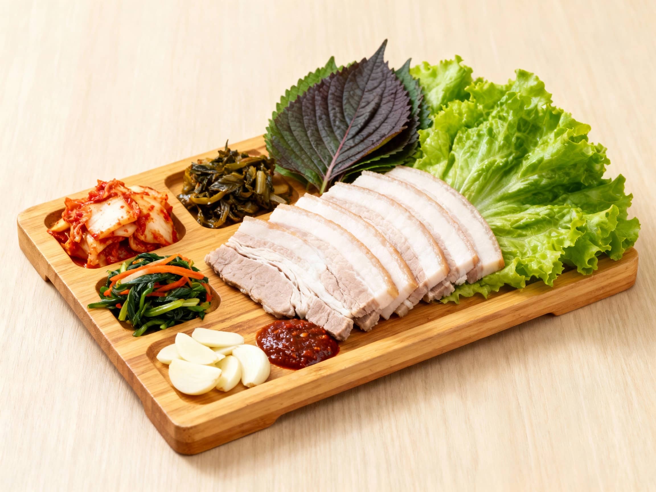 A beautifully arranged platter of thinly sliced, tender Bossam (boiled pork belly), accompanied by fresh green lettuce leaves, perilla leaves, kimchi, mu-saengchae, ssamjang, and fresh garlic slices. The dish is presented on a traditional wooden serving board on a light-colored wooden table, with soft, overhead lighting highlighting the vibrant colors and textures, suggesting an inviting, convivial Korean dining experience.