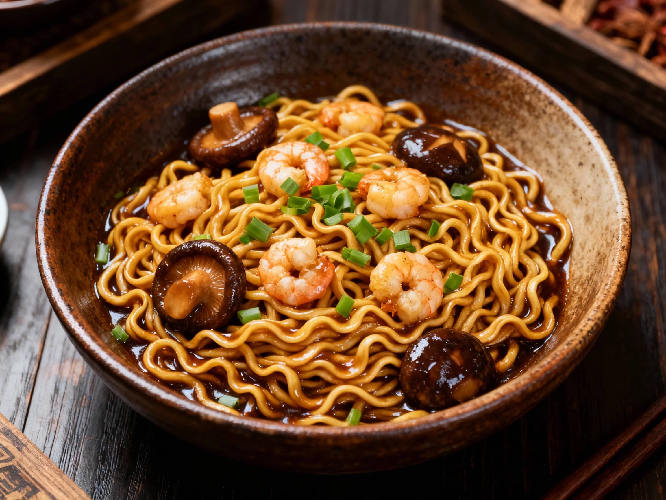 A close-up, slightly overhead view of Braised E-fu Noodles served in a deep, rustic ceramic bowl. The golden, slightly wavy E-fu noodles are coated in a dark, glistening savory sauce, interspersed with plump shiitake mushrooms and possibly some morsels of shrimp. A sprinkle of chopped green onions adds a contrasting color. The lighting is warm and soft, highlighting the glossy texture of the sauce and noodles, creating an atmosphere of comforting richness, perhaps on a dark wooden table in a traditional Chinese restaurant setting.