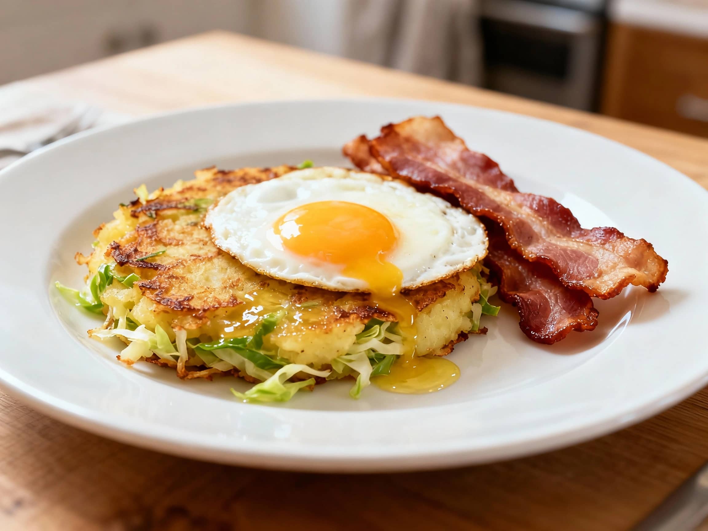 A close-up, slightly overhead view of Bubble and Squeak, served on a simple white plate. The dish is a golden-brown, slightly crispy patty formed from mashed potatoes and finely shredded cabbage, with hints of green visible. It’s glistening slightly from being fried in butter. A fried egg with a runny yolk sits on top or beside it, and a couple of rashers of crispy bacon are also present, suggesting a classic breakfast setting. The background is subtly blurred, hinting at a cozy kitchen table. The lighting is bright and natural, emphasizing the textures and appealing colors of the dish. Food photography style, realistic.