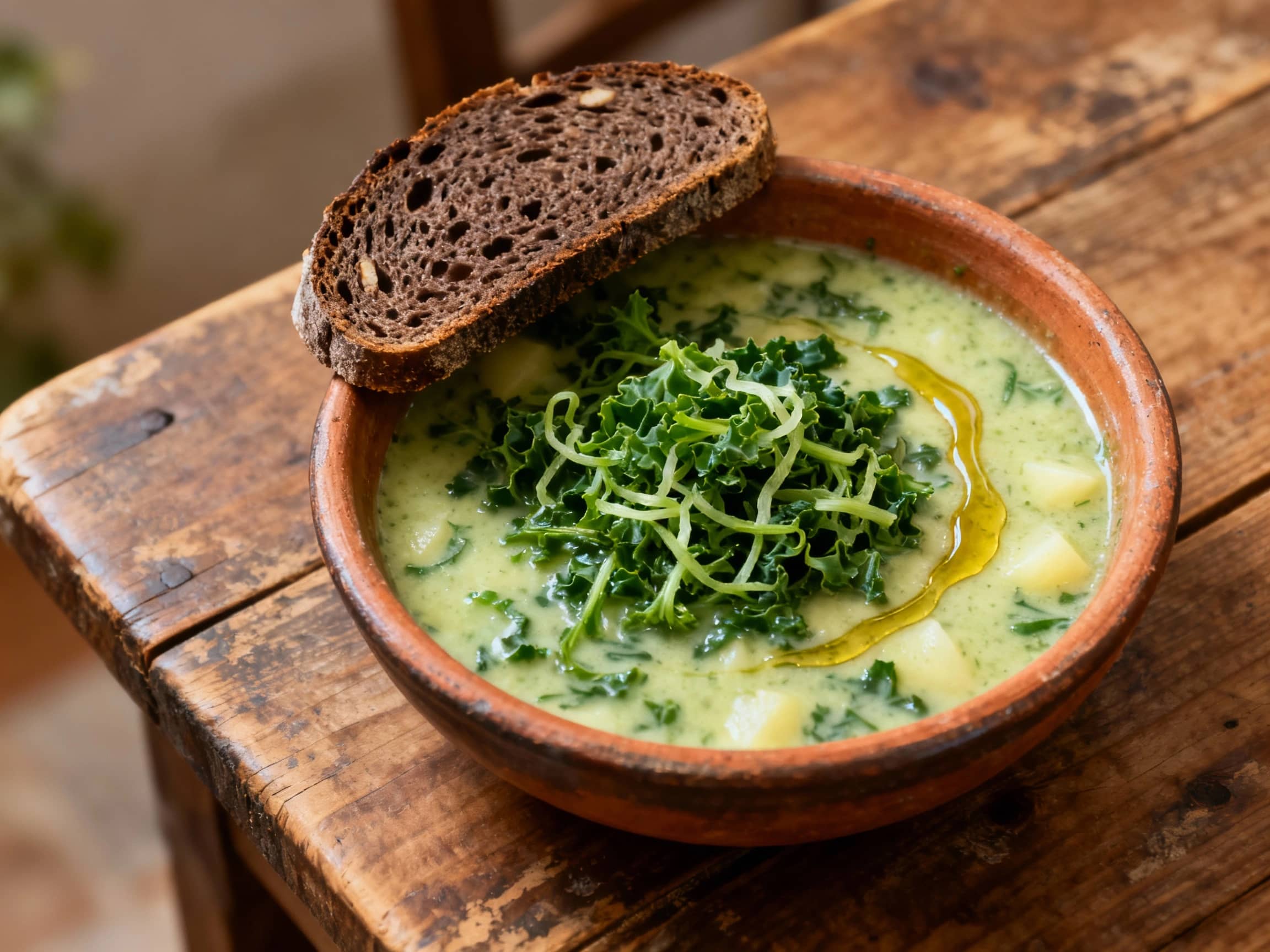 A rustic, earthenware bowl filled with vibrant green Caldo Verde soup, showcasing finely shredded kale in a creamy potato base. A thin slice of dark, crusty broa bread rests on the side of the bowl. The scene is set on a weathered wooden table, under soft, natural light, invoking a warm and inviting atmosphere. A subtle swirl of golden olive oil glistens on the surface of the soup. Overhead shot, shallow depth of field.