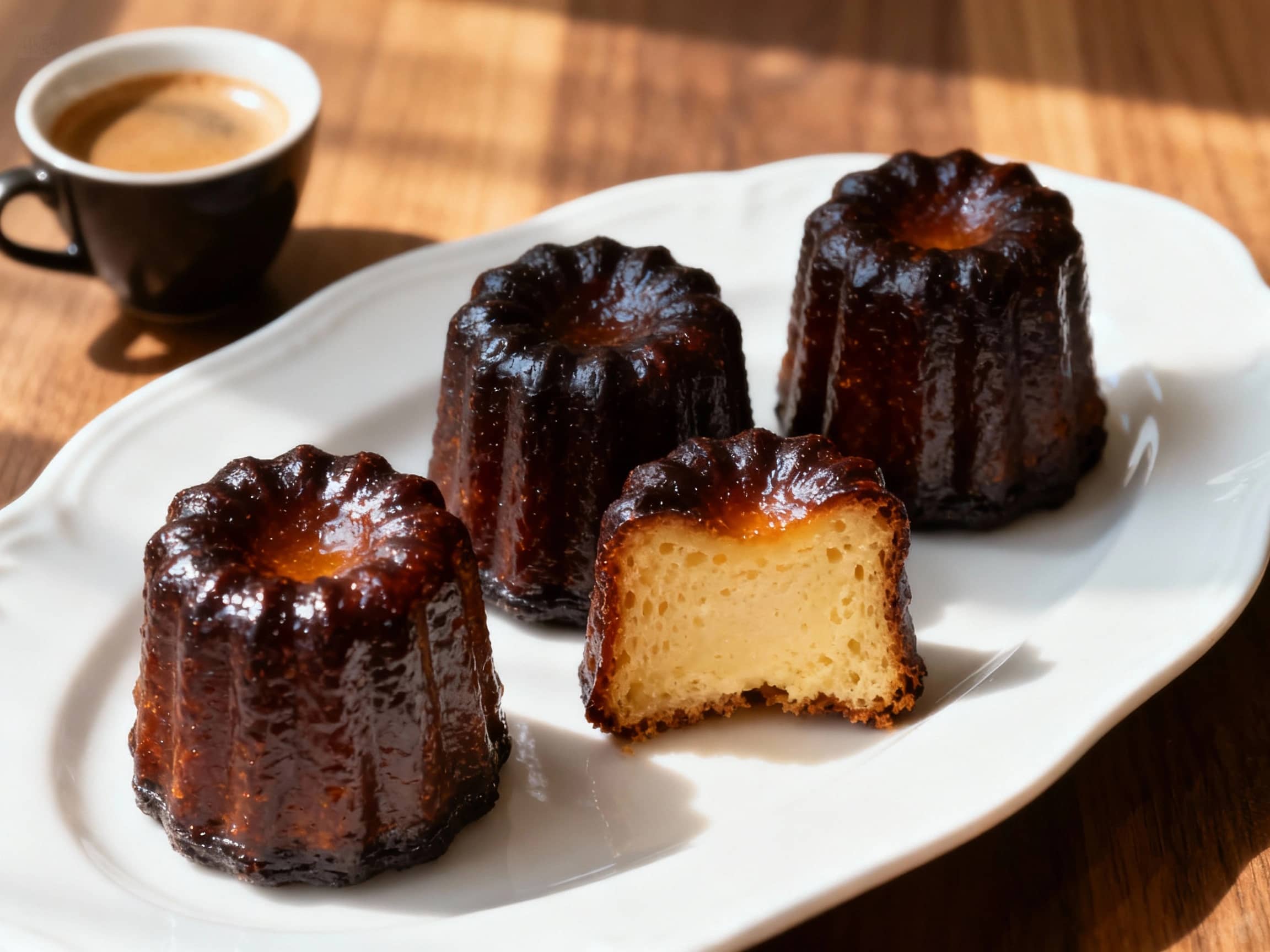 A trio of dark, caramelized Cannelés de Bordeaux, exhibiting their distinctive fluted shape, arranged elegantly on a white porcelain platter. The crust is glossy and dark, contrasting with the visible moist, custard-like interior of one sliced open. They are placed on a refined wooden surface, accompanied by a small espresso cup, with soft, filtered sunlight creating subtle highlights, captured from a close-up, appetizing angle.