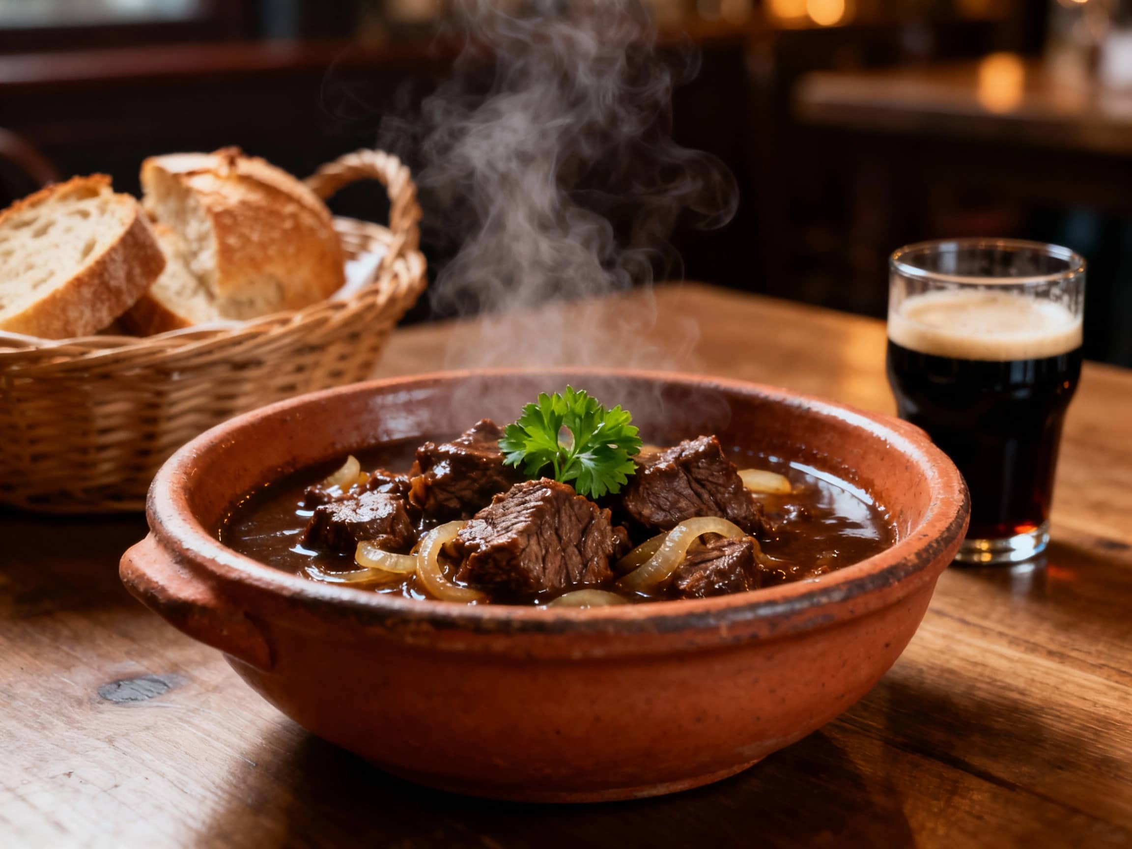 A rustic, earthenware bowl filled with steaming Carbonnade Flamande, showcasing tender chunks of beef and caramelized onions in a dark, rich beer sauce. A sprig of fresh parsley garnishes the top. The bowl rests on a simple wooden table, with a basket of crusty bread and a small glass of dark Belgian beer nearby. The background is dimly lit, suggesting a cozy Belgian tavern on a cool evening. Close-up shot, eye-level view, warm, inviting lighting.