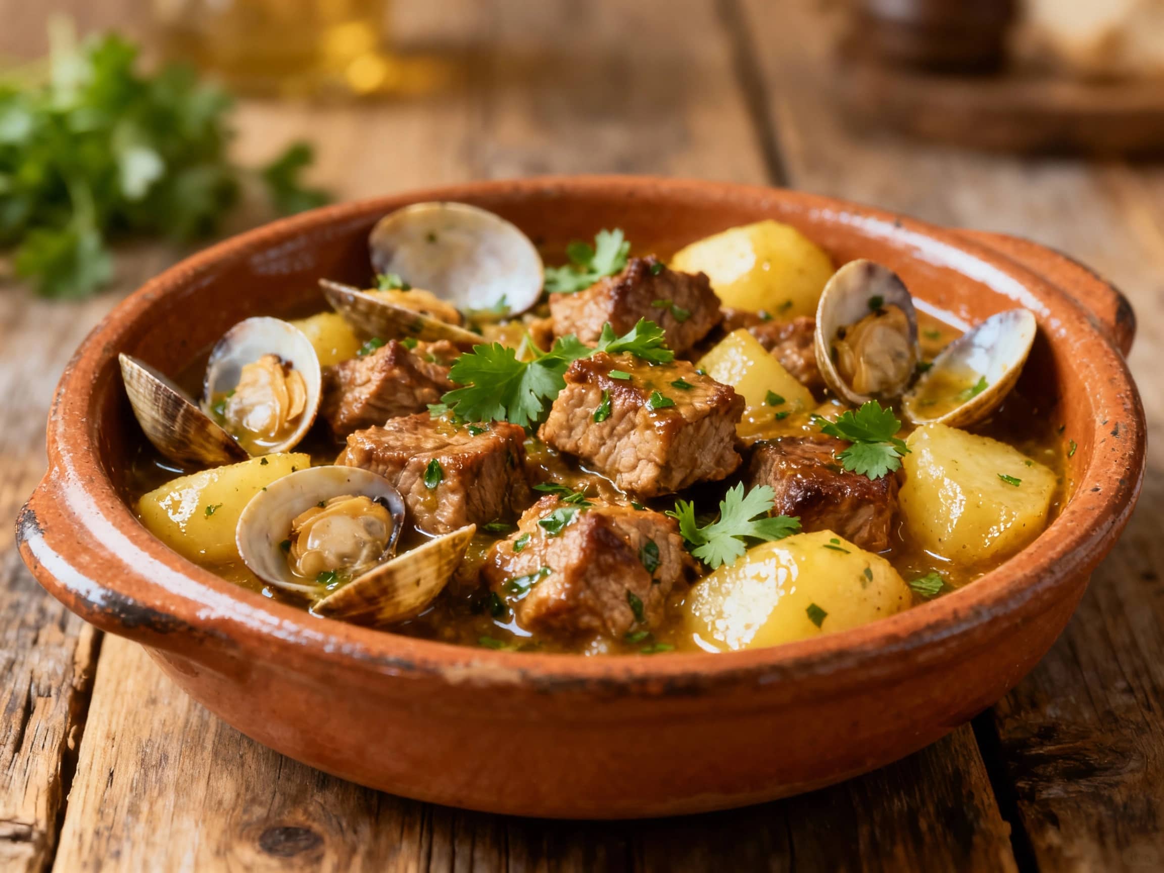 A serving of Carne de Porco à Alentejana in a rustic ceramic cazuela. Succulent cubes of pork are interspersed with an abundance of open clams, all bathed in a rich, herb-flecked sauce. Glistening chunks of potato and fresh cilantro garnish the dish. Soft, natural light enhances the textures and colors, with a shallow depth of field focusing on the dish. Rustic wooden table setting.