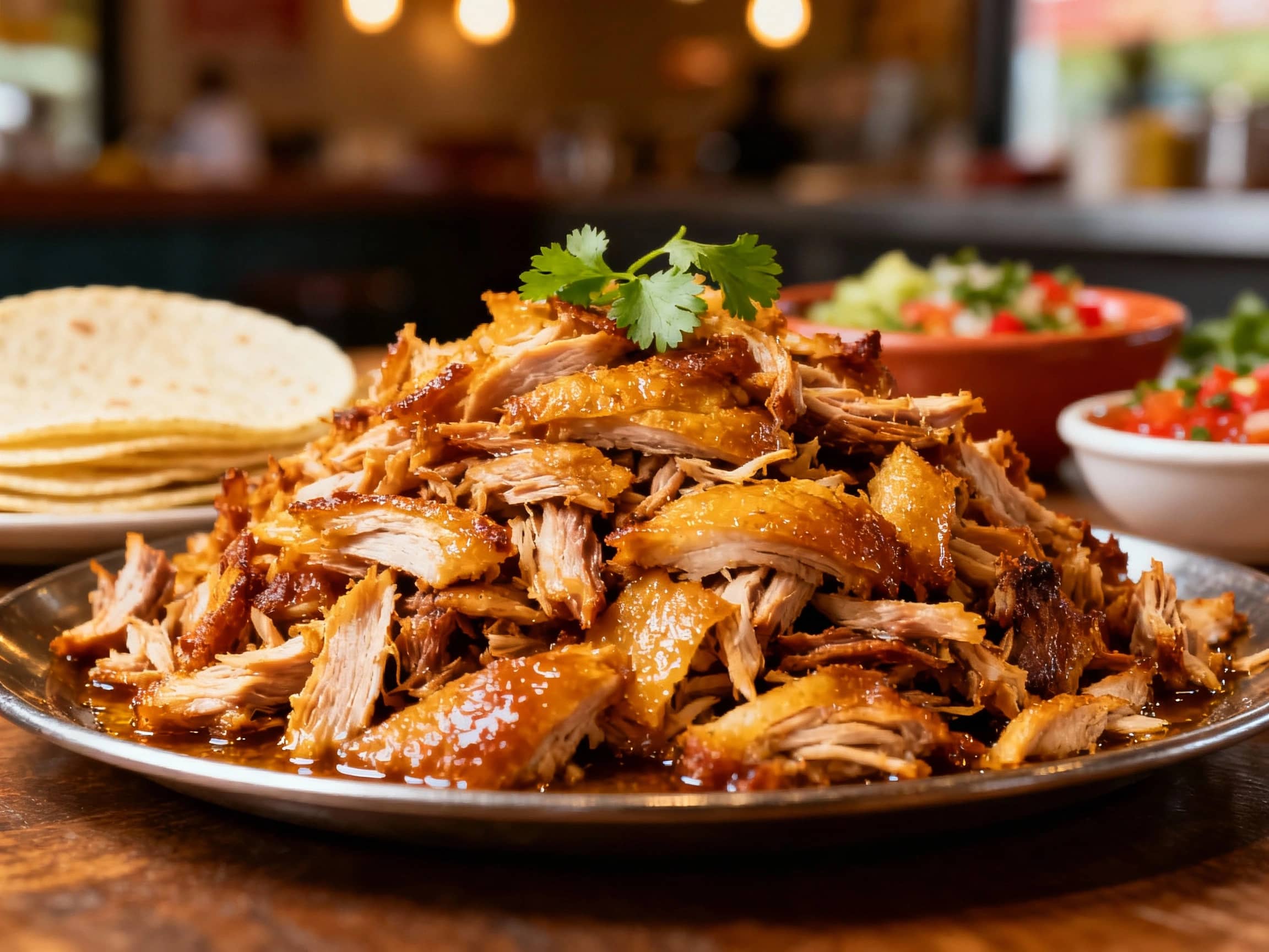 A close-up of a platter piled high with golden-brown, crispy yet tender Carnitas. The pork is freshly chopped, glistening with its own juices, and perhaps garnished with a few sprigs of cilantro. In the background, soft flour or corn tortillas and bowls of various vibrant salsas are blurred. The setting is a casual, inviting Mexican eatery, with warm, overhead lighting. Shot from a low, eye-level angle, emphasizing the texture and abundance.