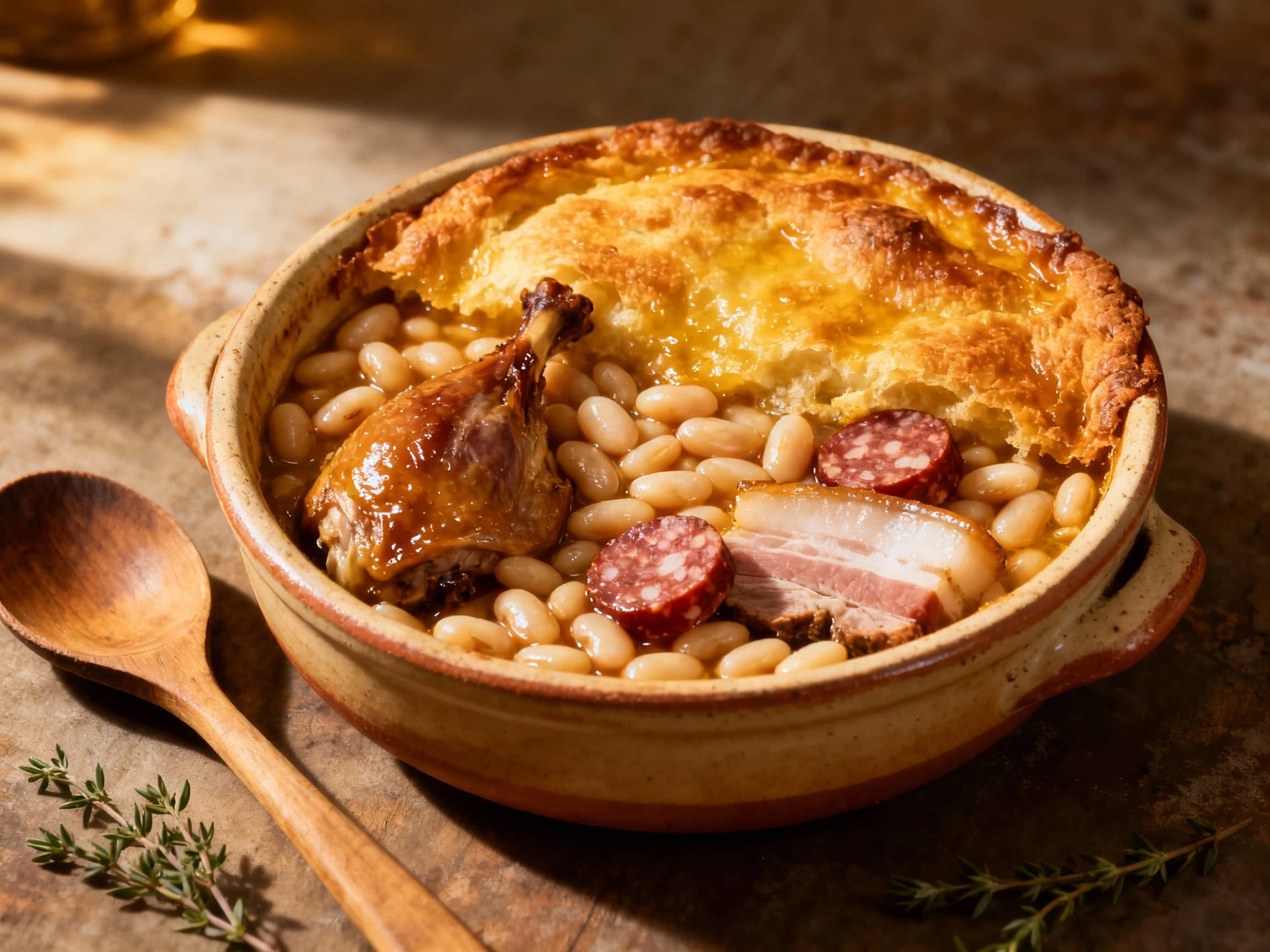 A bubbling, golden-brown Cassoulet in a traditional unglazed earthenware cassole, showing a rich crust on top, beneath which are tender white beans, glistening duck confit, slices of Toulouse sausage, and pork belly. A wooden spoon rests alongside. The setting is a rustic French farmhouse table, with subtle shadows and warm, inviting overhead light. A few sprigs of fresh thyme are scattered nearby. Close-up, appetizing and authentic.