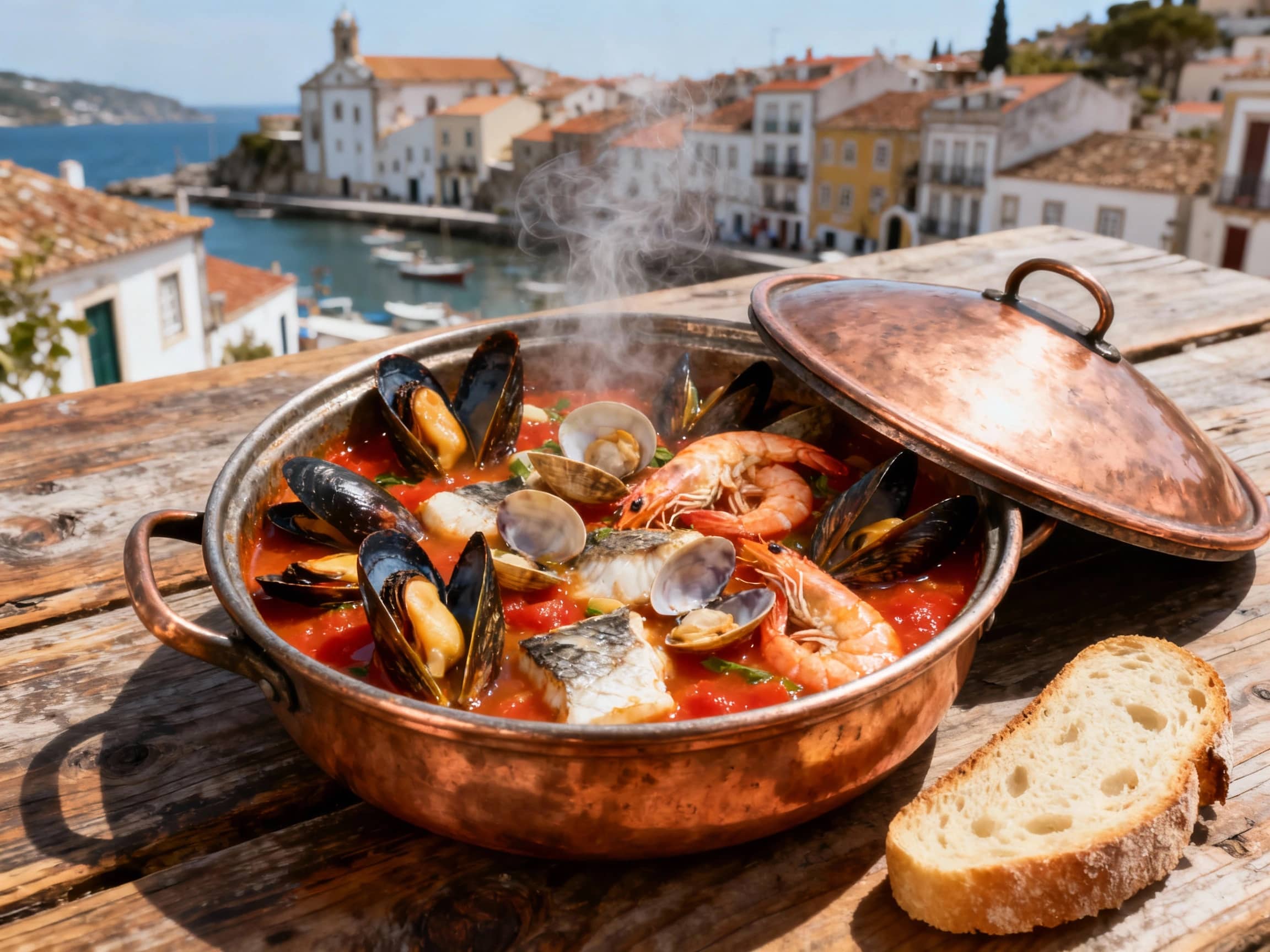 A vibrant Cataplana de Marisco served in its traditional copper cataplana pot, open to reveal a colorful assortment of fresh mussels, clams, shrimp, and fish in a rich tomato-based broth. The pot is placed on a rustic wooden table, with a slice of crusty bread beside it. Natural light streams in from a nearby window, highlighting the steam gently rising from the stew. The background suggests a charming Portuguese coastal town setting. Overhead shot.