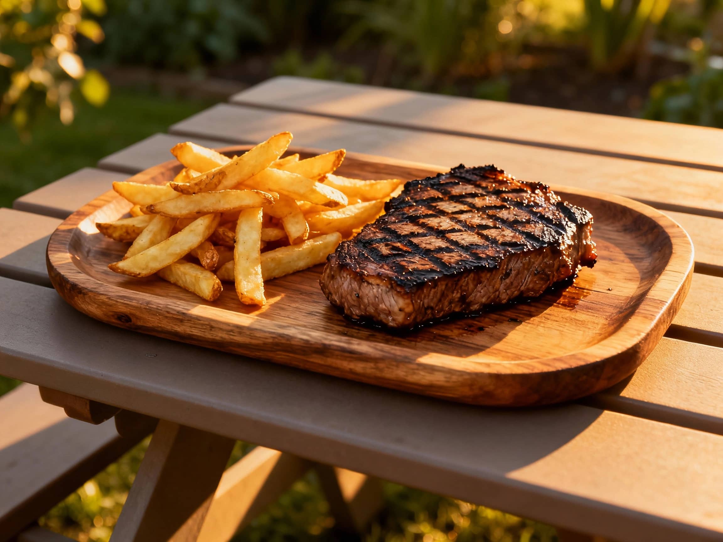 A beautifully grilled piece of Charbonnade (grilled meat), showing distinct char marks, resting on a rustic wooden platter. A side of golden Belgian fries is artfully arranged next to it. The dish is presented on a picnic table in a garden setting, with subtle hints of greenery and a casual, outdoor atmosphere. Warm, late afternoon sunlight illuminates the food. Medium shot, straight-on angle.