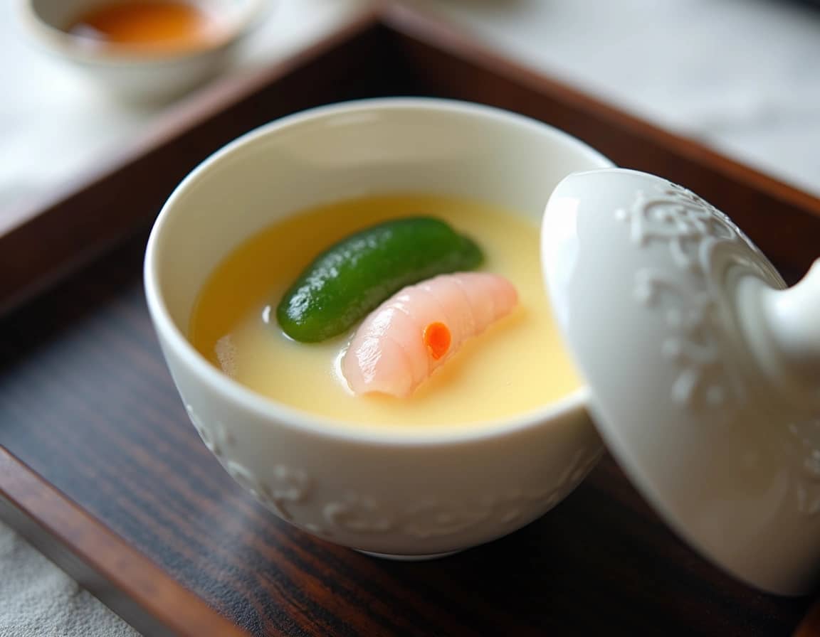 A pristine Chawanmushi, served in an elegant, lidded white teacup with a delicate pattern. The lid is slightly ajar, revealing the smooth, pale yellow surface of the steamed custard. Glimpses of vibrant green mitsuba, a slice of pink kamaboko, and a small shrimp are visible within the translucent custard. The cup is placed on a dark wooden tray or a clean white tablecloth, with soft, diffused lighting creating a serene atmosphere, close-up, top-down view.