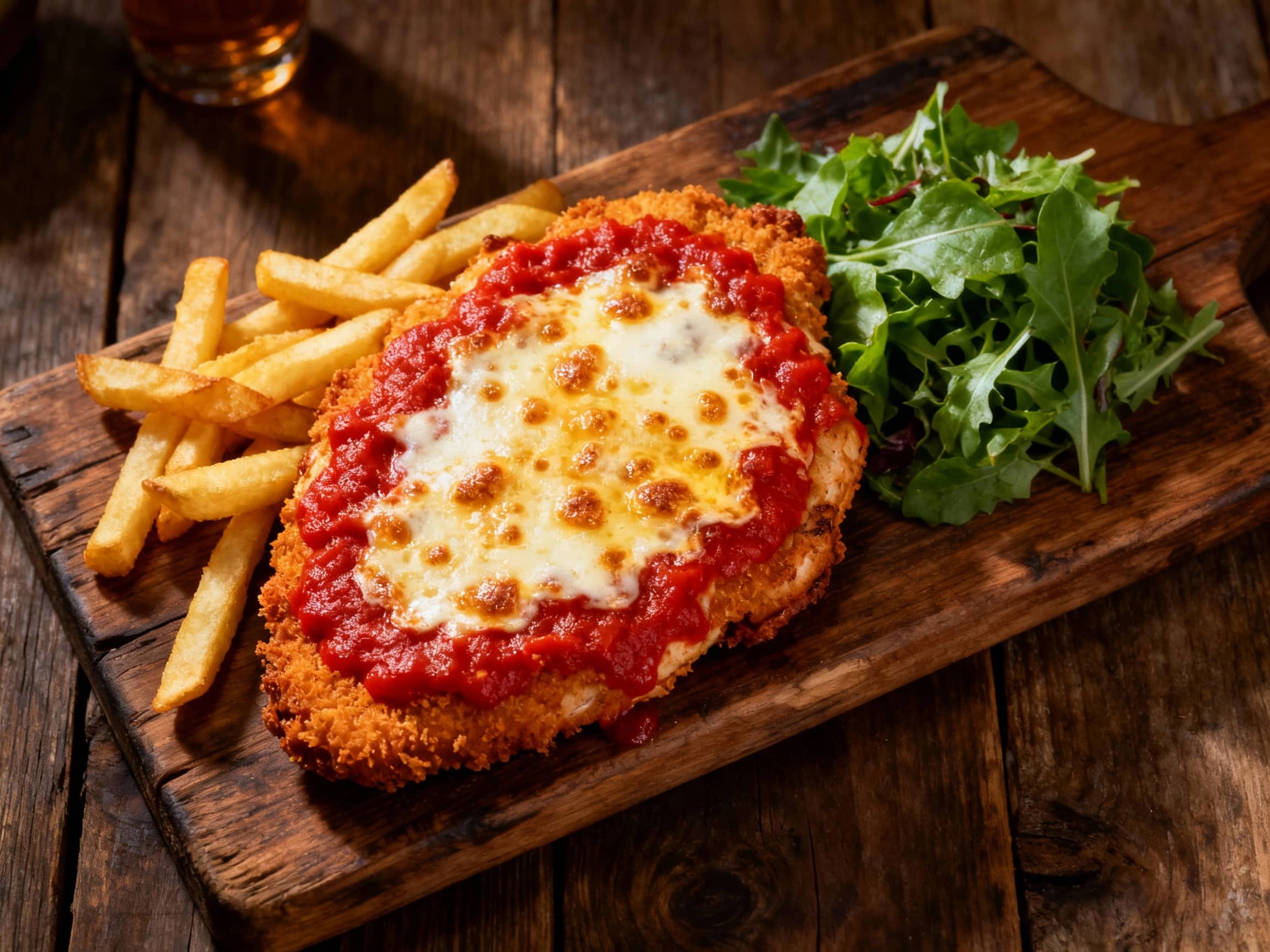 A freshly cooked Chicken Parma, featuring a golden-brown breaded chicken breast generously topped with vibrant red tomato sauce and bubbling, melted mozzarella cheese. Served on a rustic wooden board with a side of crispy golden fries and a simple green salad. Overhead view, warm ambient lighting.