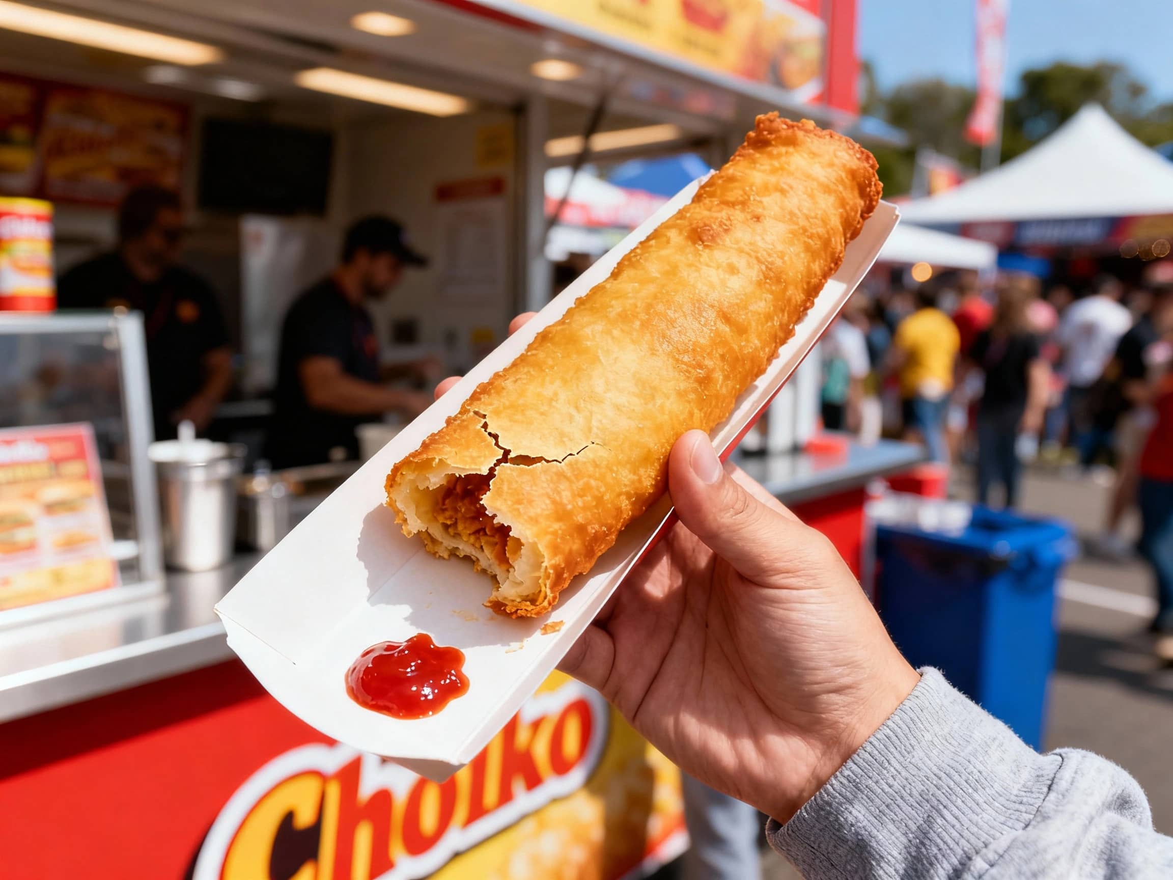A dynamic, eye-level shot of a golden-brown, elongated Chiko Roll held by a hand wearing a casual sleeve, against a blurred background that suggests a bustling outdoor event or a service station counter. The pastry is slightly cracked from frying, revealing a hint of the filling within. A small dollop of tomato sauce is visible near the roll. The lighting is bright and casual, capturing the snack in its natural, on-the-go context. The atmosphere is energetic and appealing.