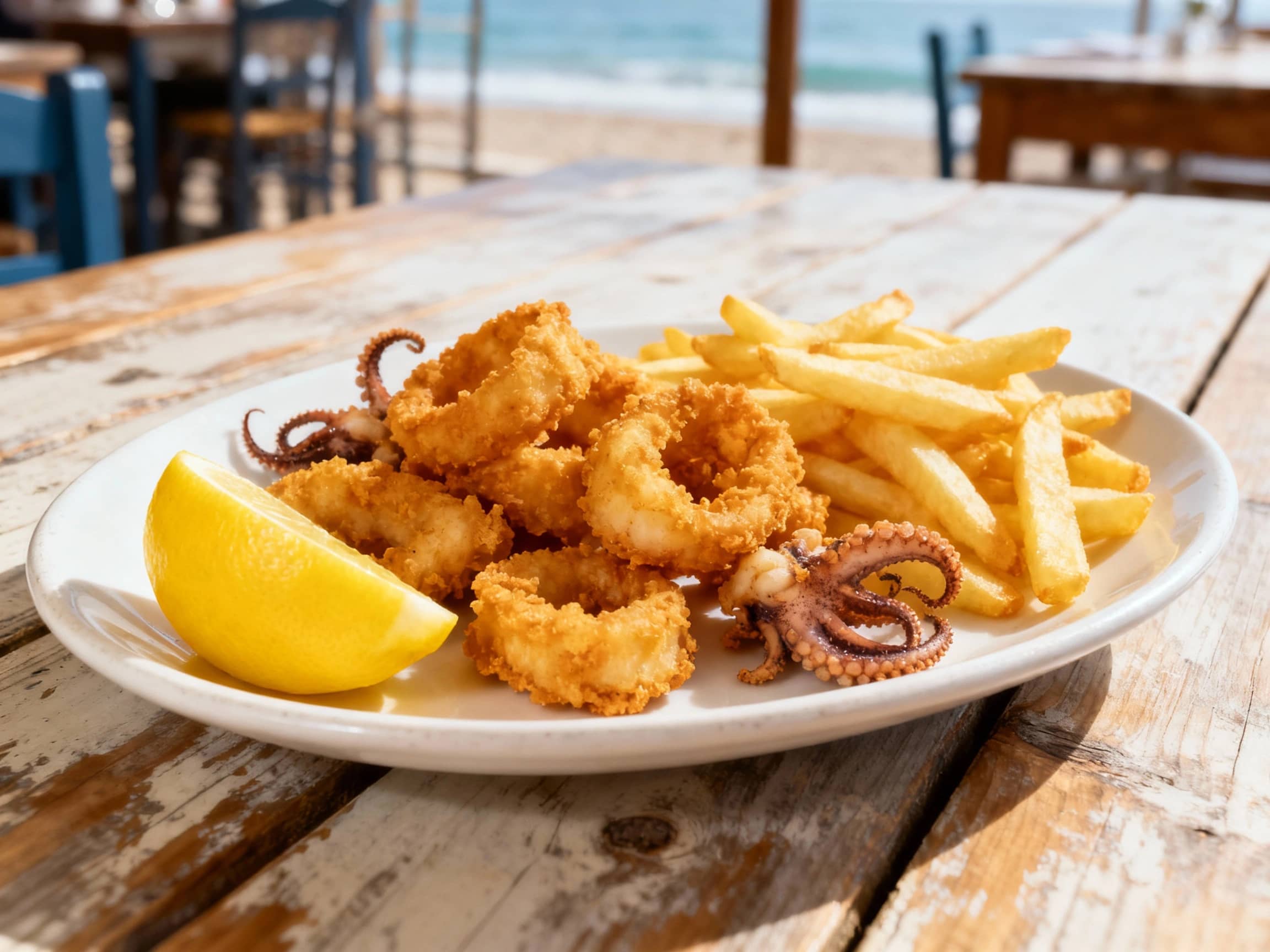 A rustic plate of Choco Frito, featuring golden-brown, crispy pieces of cuttlefish arranged attractively. A bright yellow lemon wedge sits on the side of the plate, ready to be squeezed. A portion of perfectly fried french fries accompanies the cuttlefish. The dish is presented on a simple white ceramic plate, placed on a slightly weathered wooden table with a subtle hint of a coastal restaurant ambiance in the background. Natural, soft daylight illumination. Close-up, slightly angled shot.