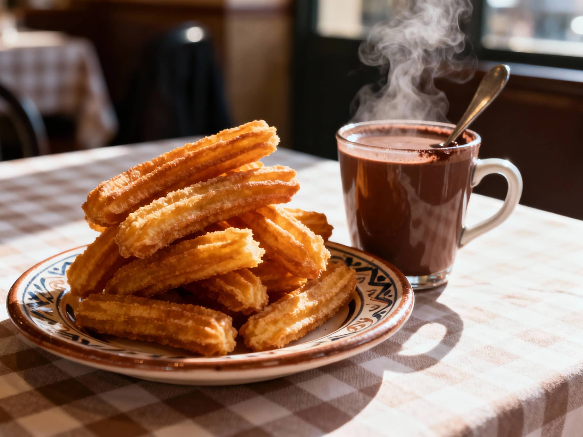 A close-up shot of a plate piled high with golden-brown, crispy churros on a traditional Spanish ceramic platter. A steaming mug of thick, dark hot chocolate sits beside it, with a spoon ready for dipping. The scene is set on a cozy café table, perhaps with a checkered tablecloth, during a soft early morning light. The atmosphere is warm and inviting, evoking a sense of comfort and indulgence. Shallow depth of field, focusing on the churros and chocolate.