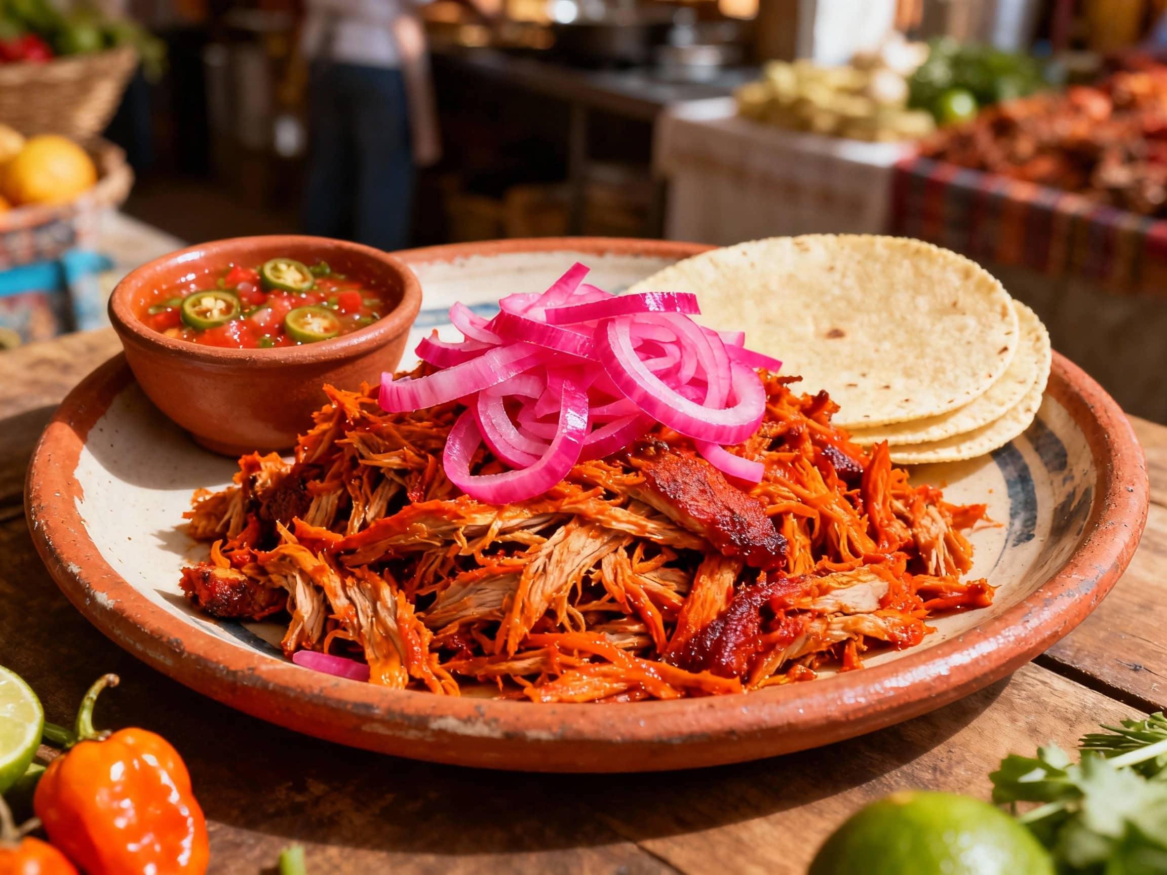 An authentic Cochinita Pibil dish, slow-roasted pork with a vibrant orange-red hue, shredded and piled high, served on a rustic ceramic plate, adorned with bright pink pickled red onions and a side of fresh corn tortillas, perhaps some habanero salsa in a small bowl. The setting should evoke a warm, traditional Yucatecan kitchen or a bustling market stall, with soft, natural light highlighting the textures and colors. Eye-level shot.
