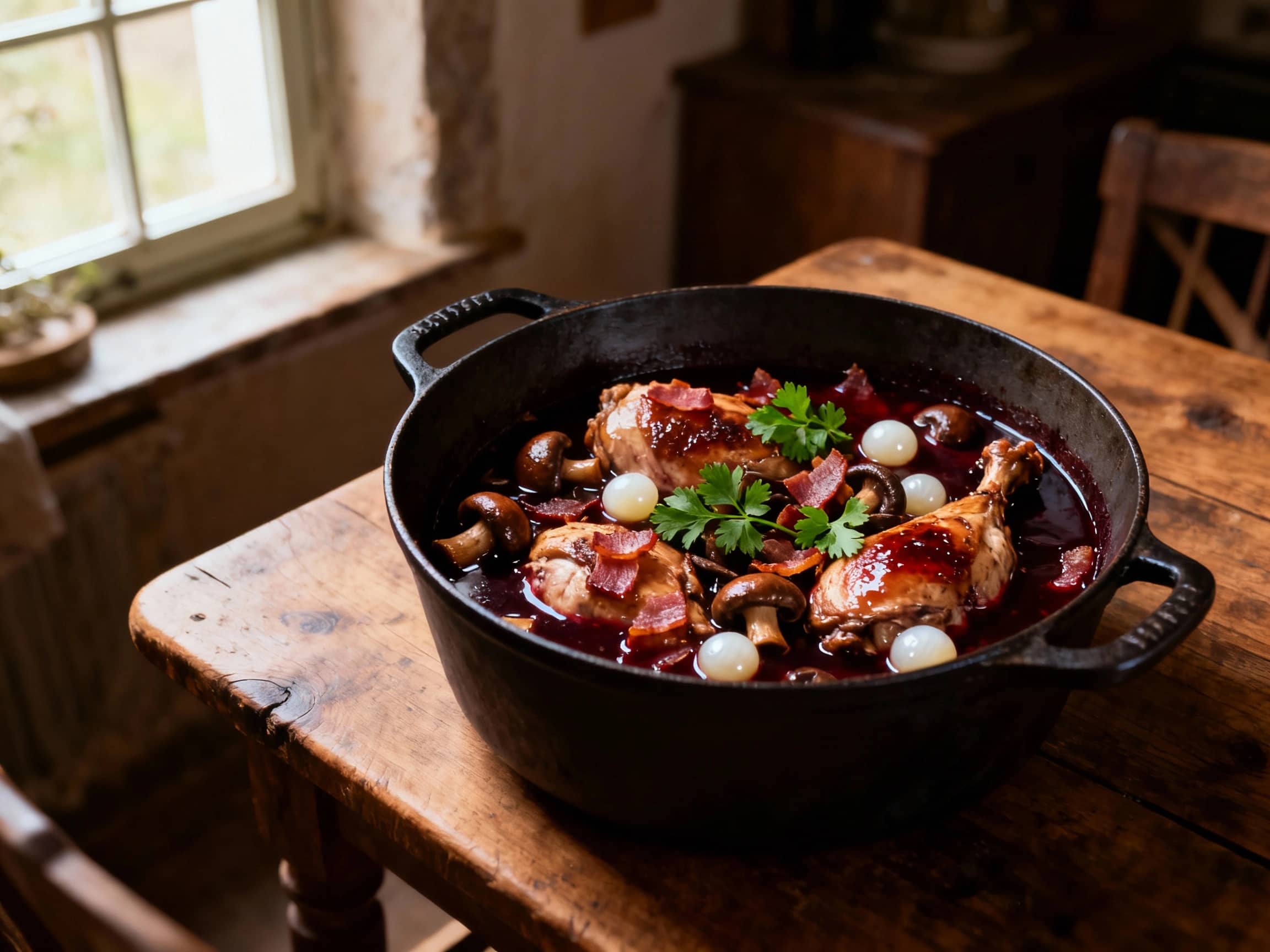 A rustic cast-iron Dutch oven filled with Coq au Vin, showing tender chicken pieces bathed in a rich, dark red wine sauce with glistening lardons, earthy brown mushrooms, and small white pearl onions. The dish is garnished with fresh parsley. The setting is a warm, dimly lit French farmhouse kitchen with a wooden table, viewed from a slightly elevated angle. Soft, natural light streams in from a nearby window, creating a cozy and inviting atmosphere.
