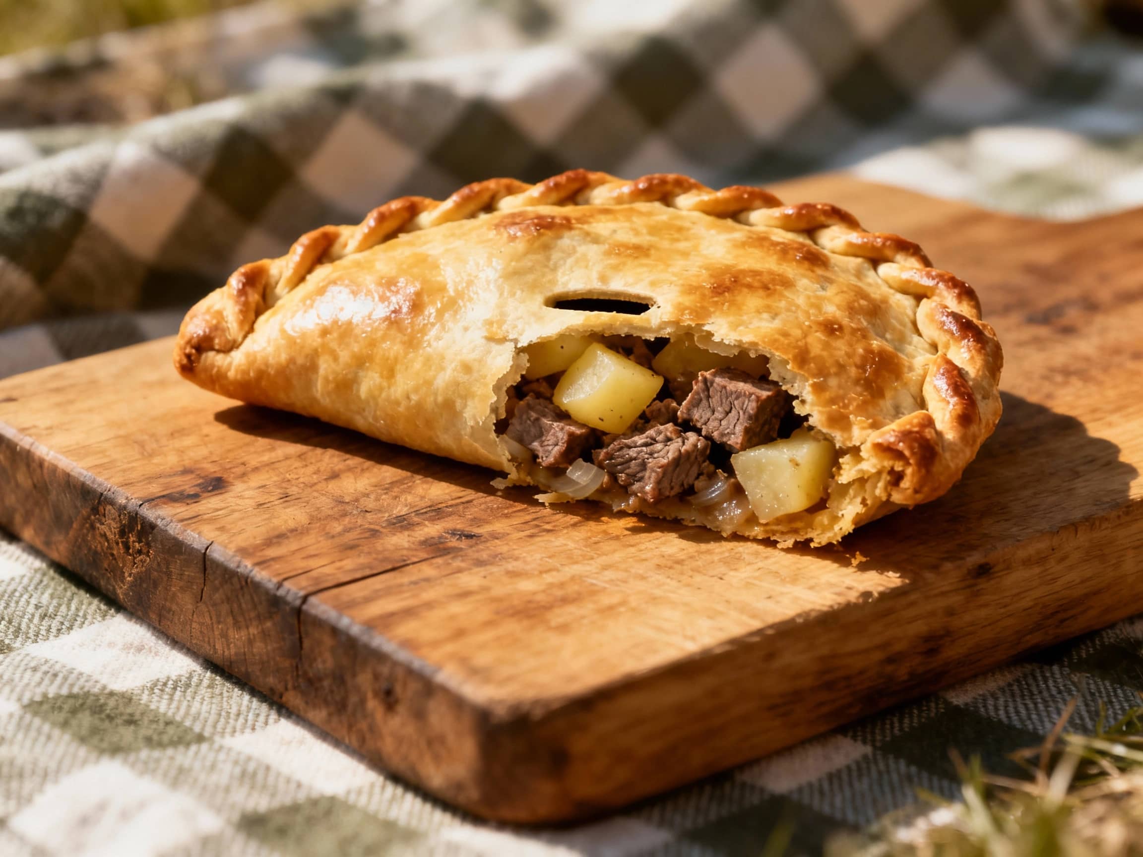 A rustic Cornish Pasty, freshly baked with a golden-brown, slightly crimped pastry crust. The filling of diced beef, potato, and onion is partially visible through a small vent or at the crimped edge. It is presented on a simple, unvarnished wooden board or a checkered cloth, evoking a traditional picnic or miner's lunch setting. The lighting is natural, perhaps suggesting a sunny outdoor scene or a well-lit kitchen, highlighting the textures of the pastry and the savory ingredients within. The view is angled, showcasing the characteristic shape and the handcrafted appeal of the pasty. Photorealistic, detailed food photography.