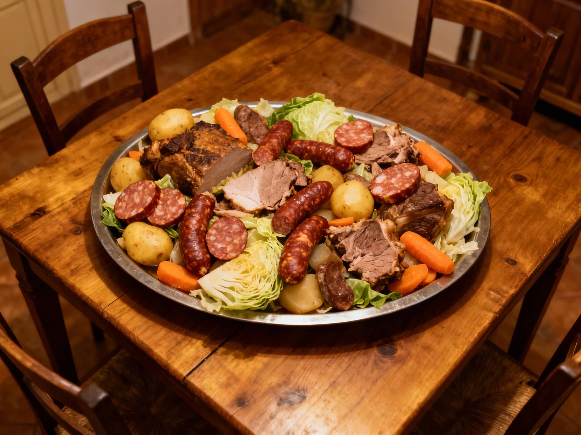 A warm, inviting, and slightly overhead view of a large platter filled with Cozido à Portuguesa. The arrangement showcases an abundance of various meats, thick slices of sausages, tender vegetables like cabbage and carrots, and hearty potatoes. The components are artfully mingled, suggesting a rich blend of flavors. The platter is set on a sturdy, wooden dining table, perhaps in a rustic Portuguese home setting. Soft, ambient light enhances the comforting and generous nature of the dish, hinting at a convivial meal.