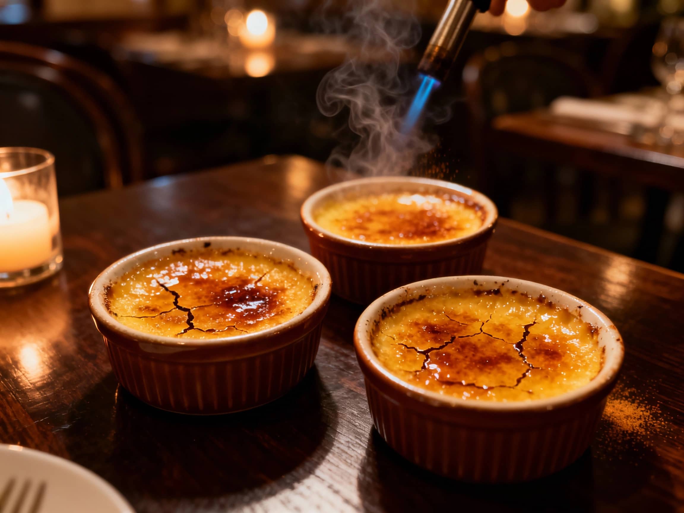 Three individual ramekins of Crème brûlée, golden-brown and perfectly caramelized on top, resting on a dark wooden table in a dimly lit, elegant French restaurant setting. A subtle smoky haze suggests the torching of the sugar, with a close-up, slightly overhead view highlighting the glistening, crackled surface.