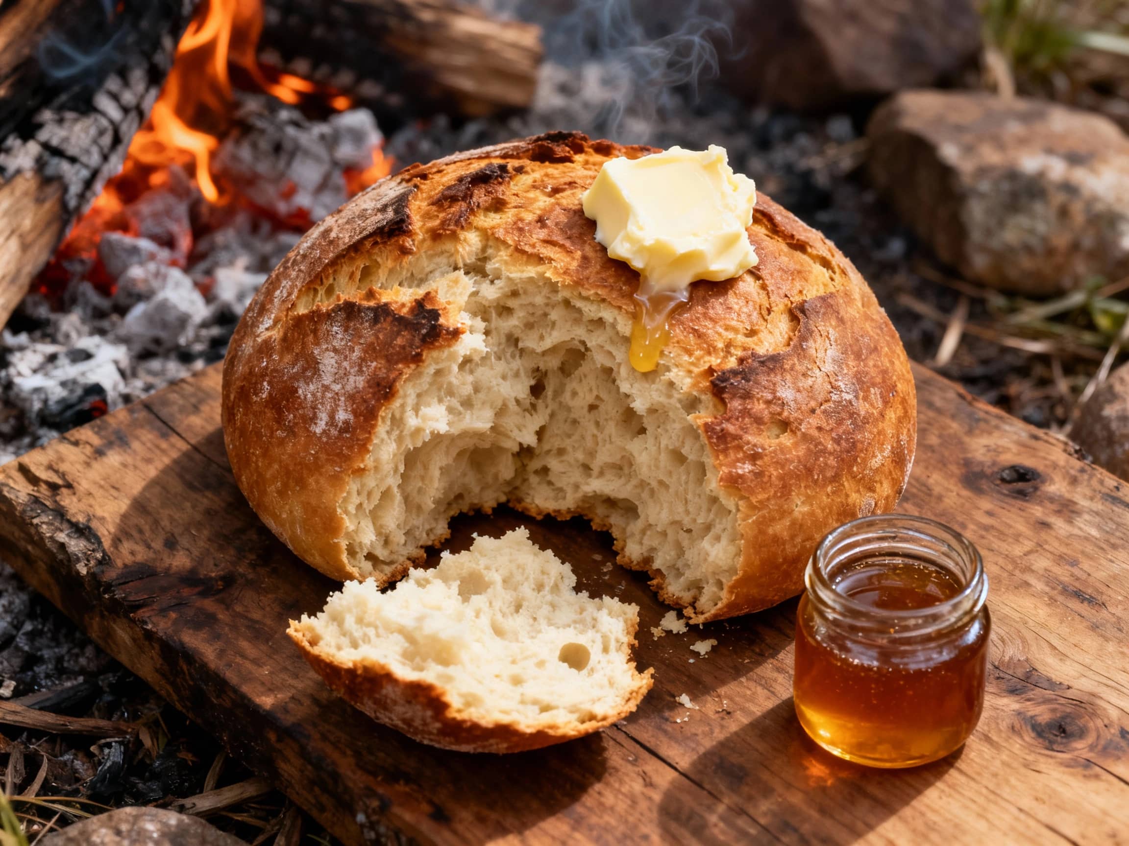 A rustic, overhead shot of a freshly baked damper loaf, golden-brown and rustic on the outside, resting on a rough-hewn wooden surface. One section of the loaf is broken open, revealing a soft, slightly uneven interior. A dollop of melting butter is placed on top, and a small jar of bush honey sits beside it. The setting is outdoors, with glowing embers and a hint of a campfire in the background, suggesting a traditional bush cooking environment. The light is warm and slightly smoky, conveying an authentic, hearty feel.