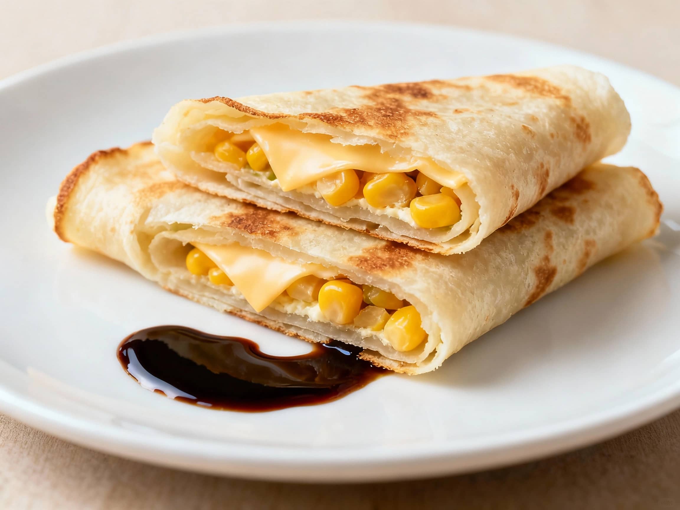 A close-up shot of a freshly made three-layered Dan Bing, rolled and sliced diagonally, revealing fillings like cheese and corn. It sits on a simple white plate with a drizzle of dark Taiwanese soy sauce. The crepe has a lightly golden-brown, slightly crispy edge and a soft, slightly chewy interior. Soft, natural morning light illuminates the dish, creating a warm and inviting atmosphere that evokes a typical Taiwanese breakfast setting.