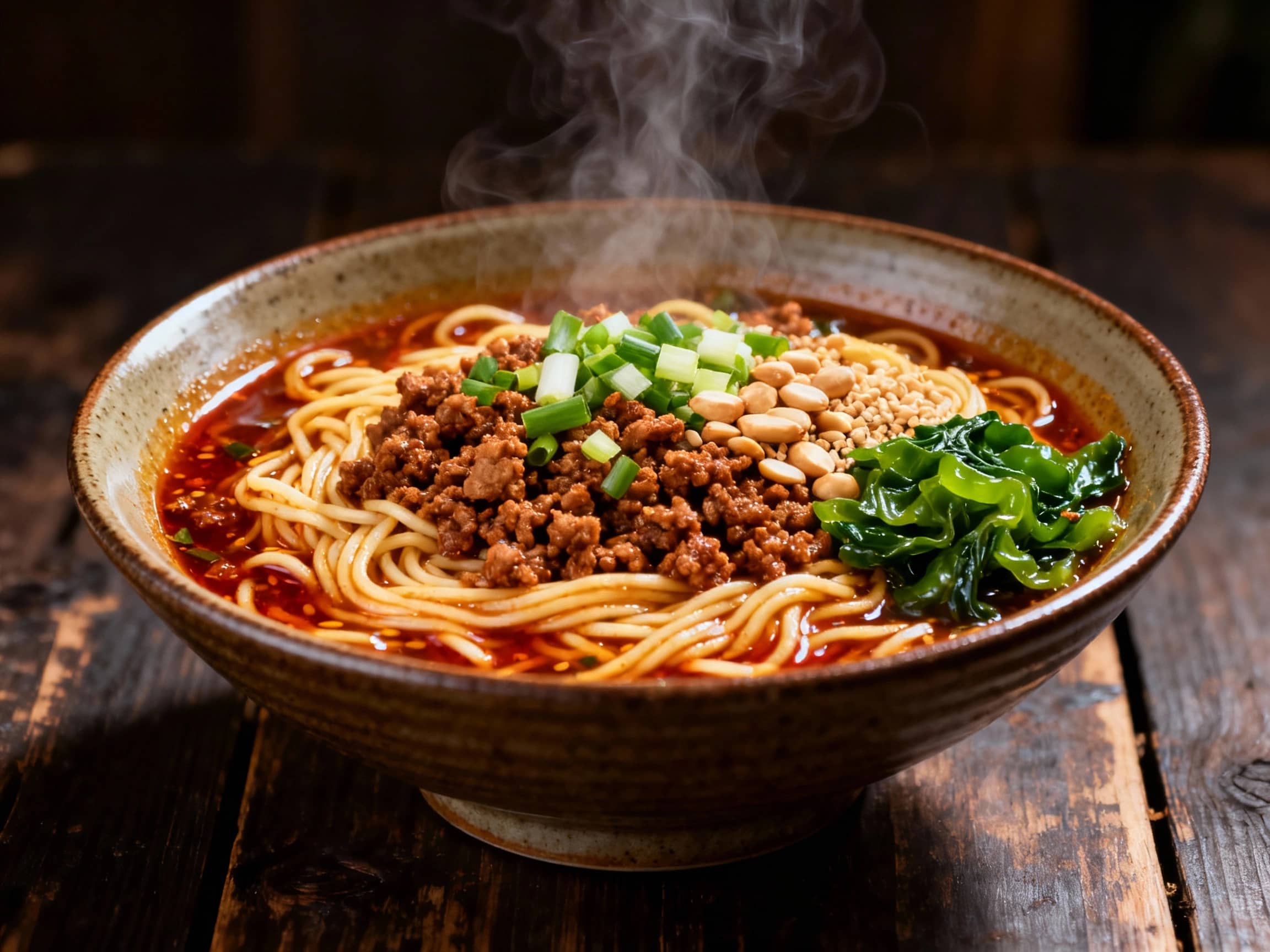 A dynamic, slightly angled shot of Dan Dan Noodles served in a traditional, deep ceramic bowl. The noodles are generously coated in a rich, spicy, reddish-brown sauce, topped with a mound of savory minced pork, chopped scallions, and a sprinkling of crushed peanuts. A few vibrant green preserved mustard greens are visible. Steam is gently rising, indicating freshness and heat. The lighting is warm and slightly dramatic, casting subtle shadows that emphasize the texture of the noodles and toppings. The background is a rustic, dark wooden table.