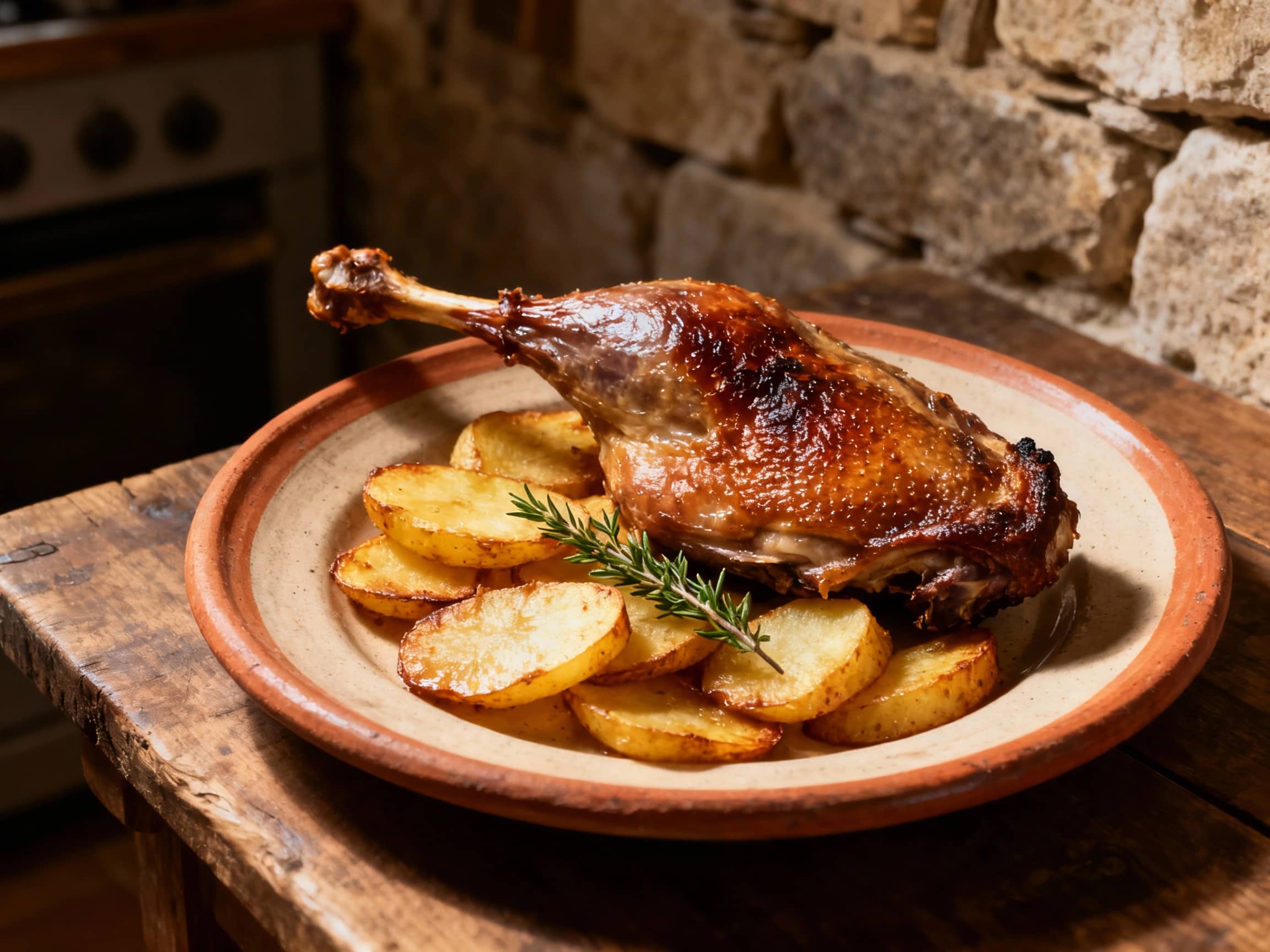A close-up shot of a crispy-skinned Duck Confit leg resting on a bed of golden-brown, sautéed potato slices (pommes sarladaises) on a rustic, earthenware plate. A sprig of fresh thyme garnishes the dish. The setting is a cozy, dimly lit farmhouse kitchen in Southwestern France, with a hint of a stone wall in the background. Warm, natural light emphasizes the rich textures of the duck skin and potatoes. The view is directly overhead, allowing the viewer to appreciate the details and inviting flavors of the dish.