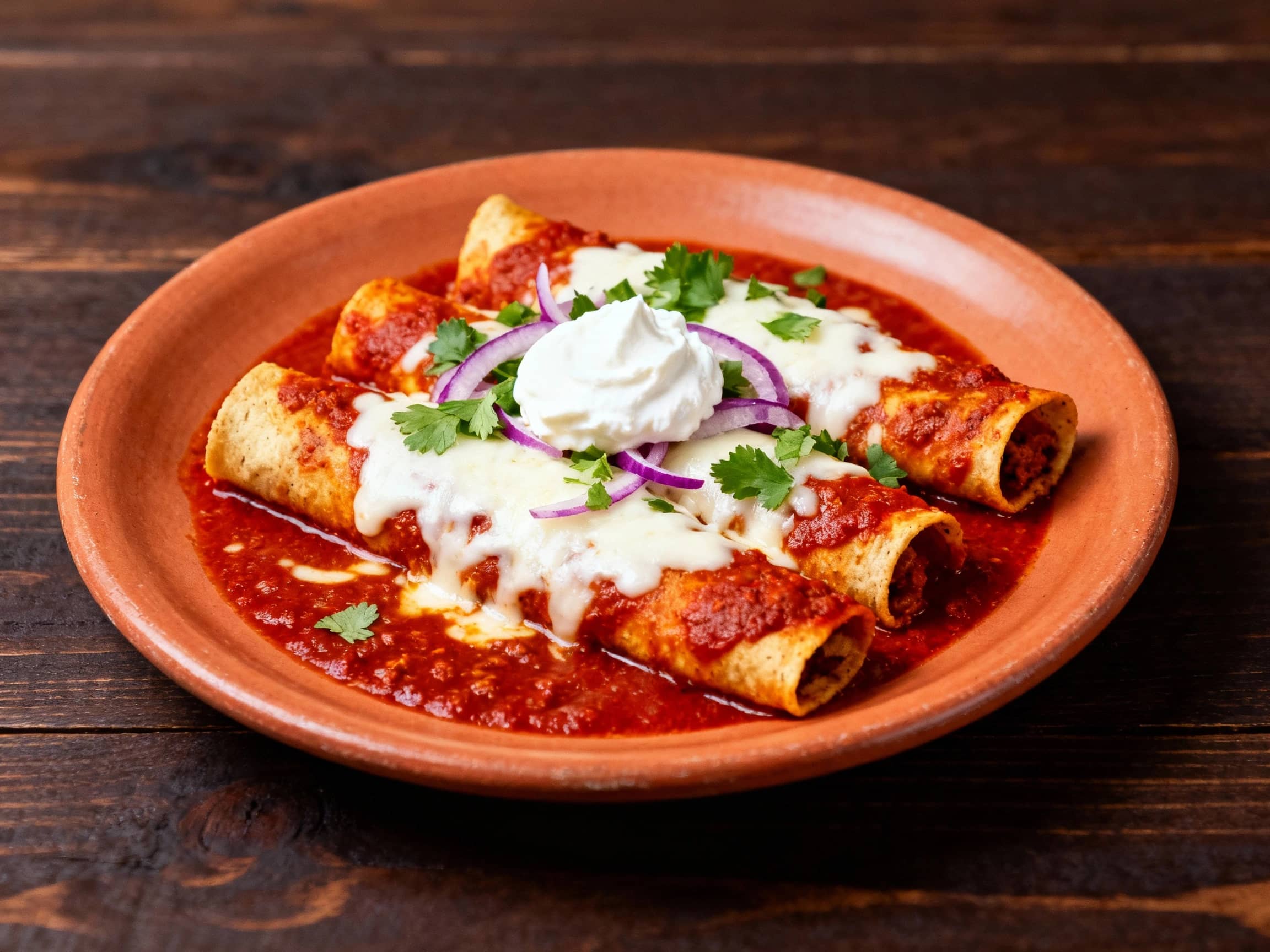 A plate of three vibrant Cheese Enchiladas, covered in a rich, red chili sauce, generously topped with melted white cheese and a dollop of sour cream, garnished with chopped fresh cilantro and thinly sliced red onion, served on a warm, earthy ceramic plate on a dark wooden table, with soft, directional lighting highlighting the textures.