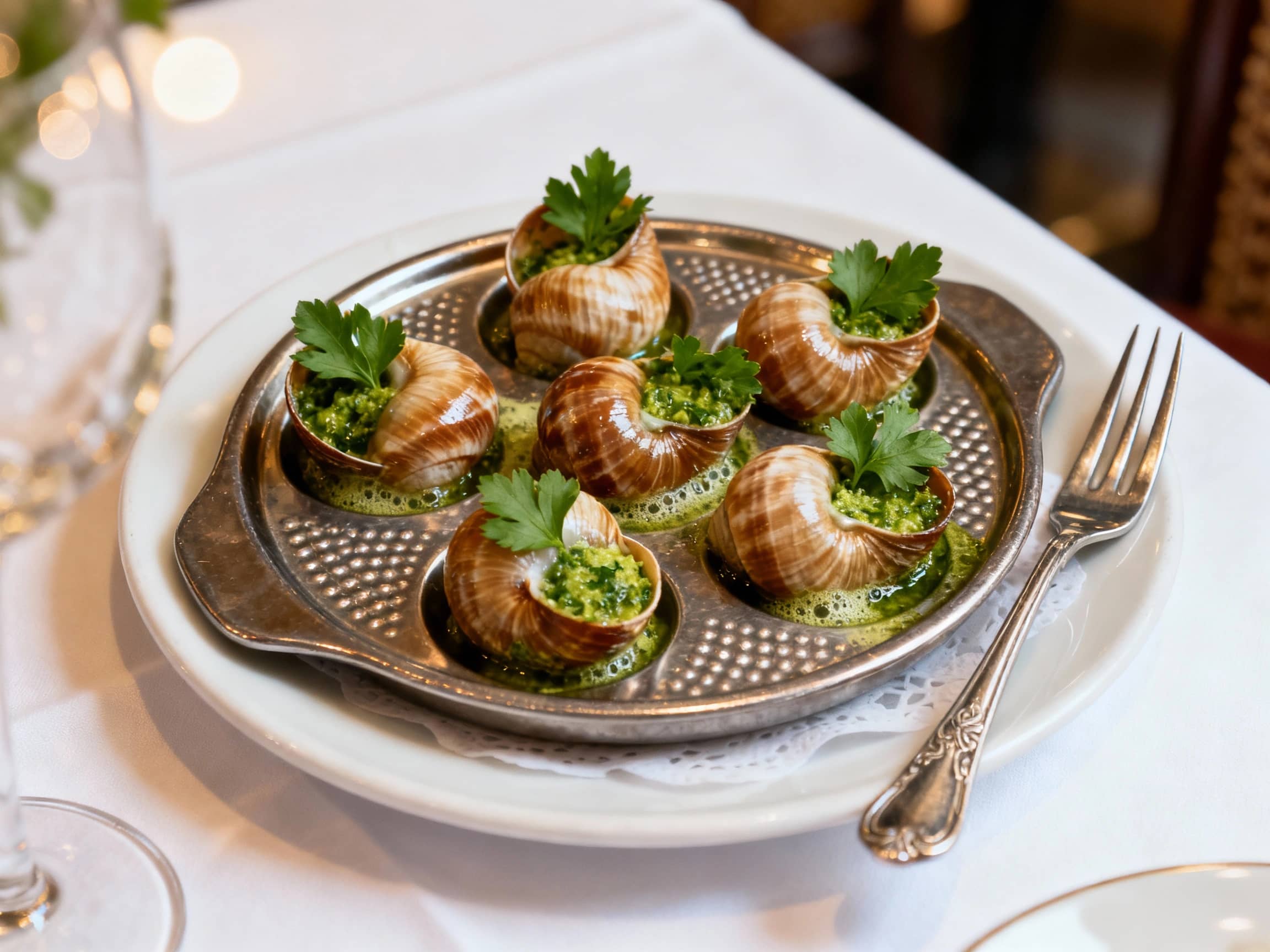 Six glistening Escargots de Bourgogne, still in their shells, nestled in a traditional dimpled escargot plate. Each shell is filled with vibrant green garlic-parsley butter, bubbling slightly, and topped with a sprig of fresh parsley. A delicate escargot fork is placed beside the plate. The setting is an elegant French bistro table with a crisp white tablecloth, warm, soft lighting, and a slight bokeh background. Overhead view, luxurious and appetizing.