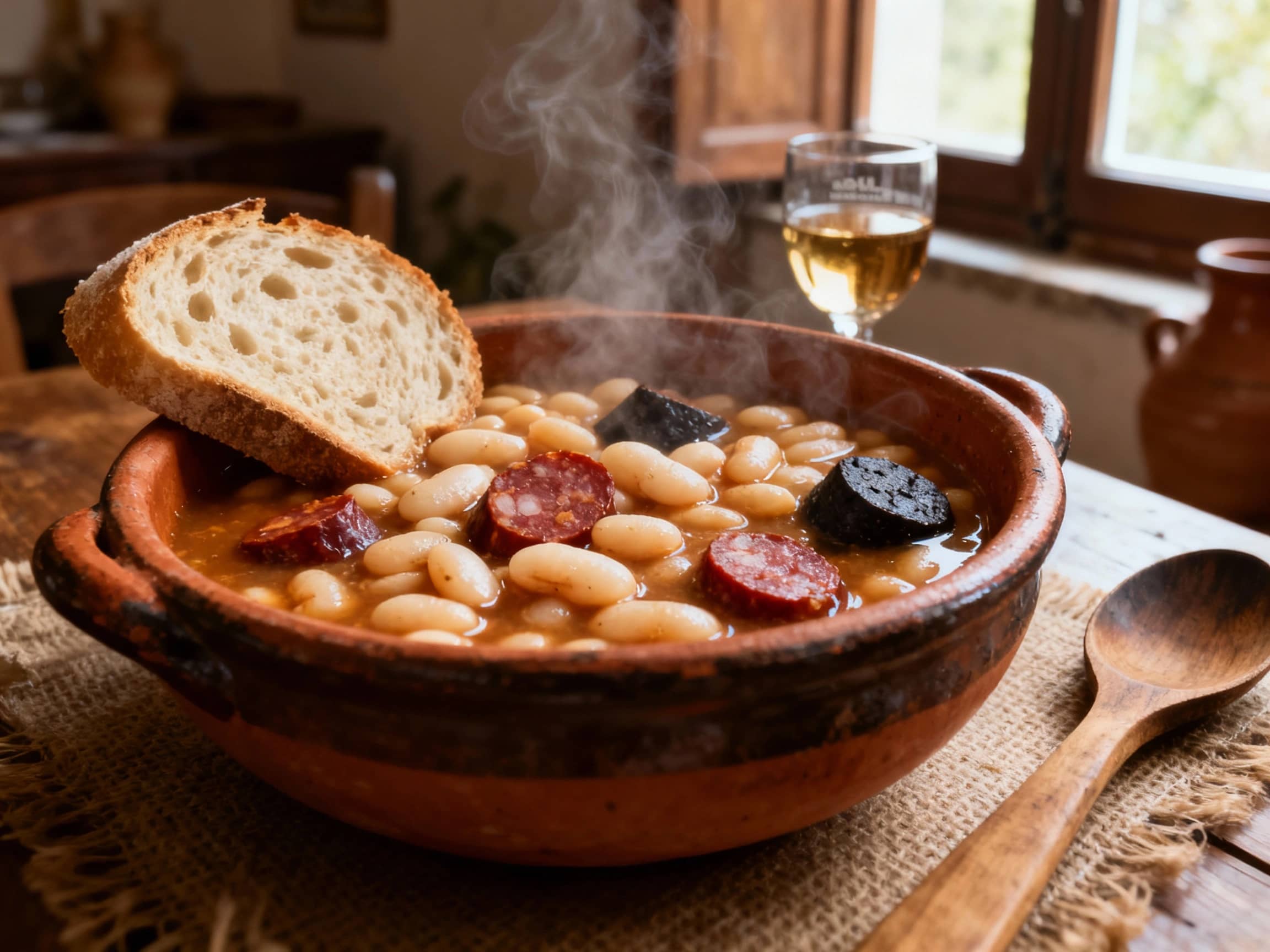 A rustic, earthenware bowl filled with steaming Fabada Asturiana, showcasing the large white beans and pieces of chorizo and morcilla, in a humble Asturian dining room. The stew has a rich, thick broth. A slice of crusty bread rests on the side. Natural light filters in from a nearby window, illuminating the textures of the dish. Traditional Asturian pottery and wooden utensils are visible. A glass of local Asturian cider is subtly placed in the background. A slightly elevated angle, capturing the comforting essence of the meal.